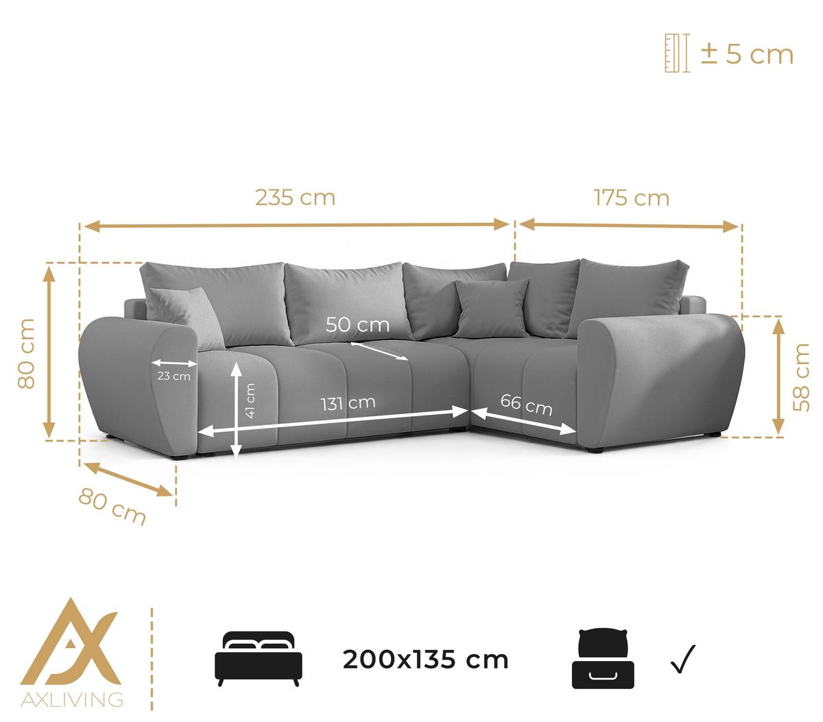 ECKSOFA L Form Malatya MAX Beige 246/145/80 cm stilvolle mit Schlaffunktion R - Beige/Schwarz, Kunststoff/Textil (235/175cm) - AX Living