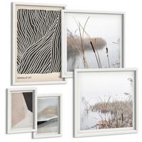 BILDER SET 5er Set - 50x50 cm & 20x30 cm & 40x60 cm Weißer Rahmen - Abstrakte Boho-Dekorationsmuster - Weiß, Kunststoff (40/60cm) - TULUP