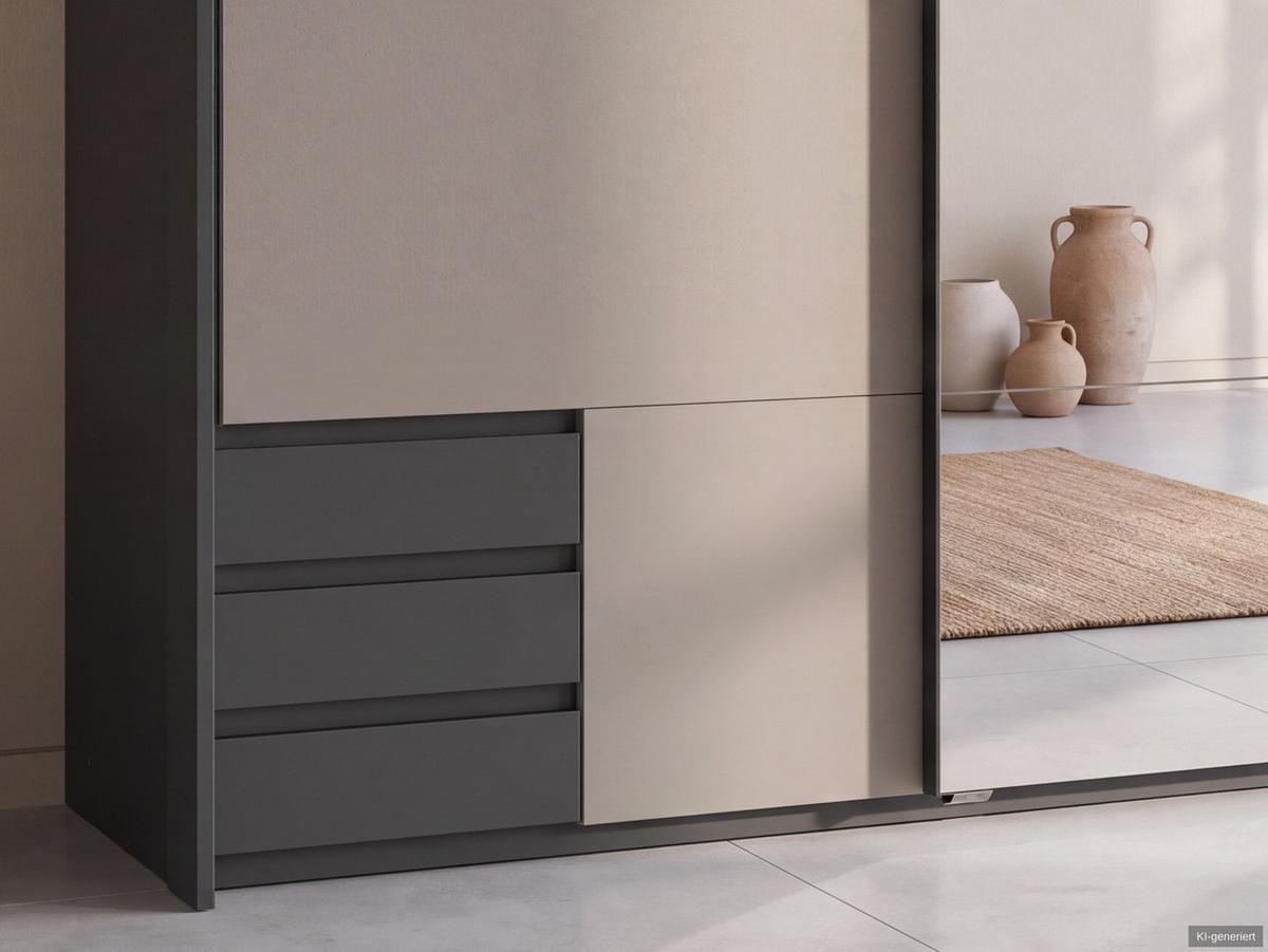 SCHWEBETÜRENSCHRANK 2-türig B183/H200/T65 cm, Passepartout-Kleiderschrank mit Spiegel & sichtbaren Schubkästen in Grafit, 1x Tür in Sandgrau / 22715 - Sandfarben/Graphitfarben, Holz/Holzwerkstoff (183/200/65cm) - luma-home