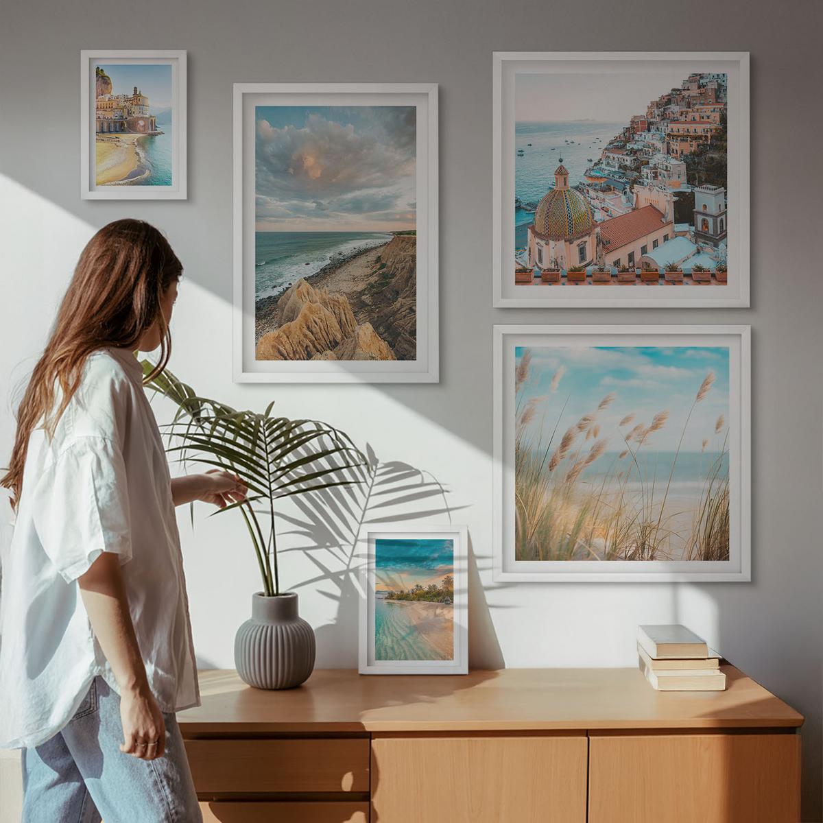 BILDER SET 5er Set - 50x50 cm & 20x30 cm & 40x60 cm Weißer Rahmen - Landschaften Strand Stadt Klippen - Weiß, Kunststoff (40/60cm) - TULUP