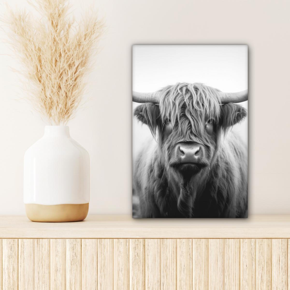 LEINWANDBILD Schottischer Highlander - Nebel - Schwarz - Weiß Deko Wohnzimmer 20x30 cm - Grau, Textil (20/30cm) - MuchoWow