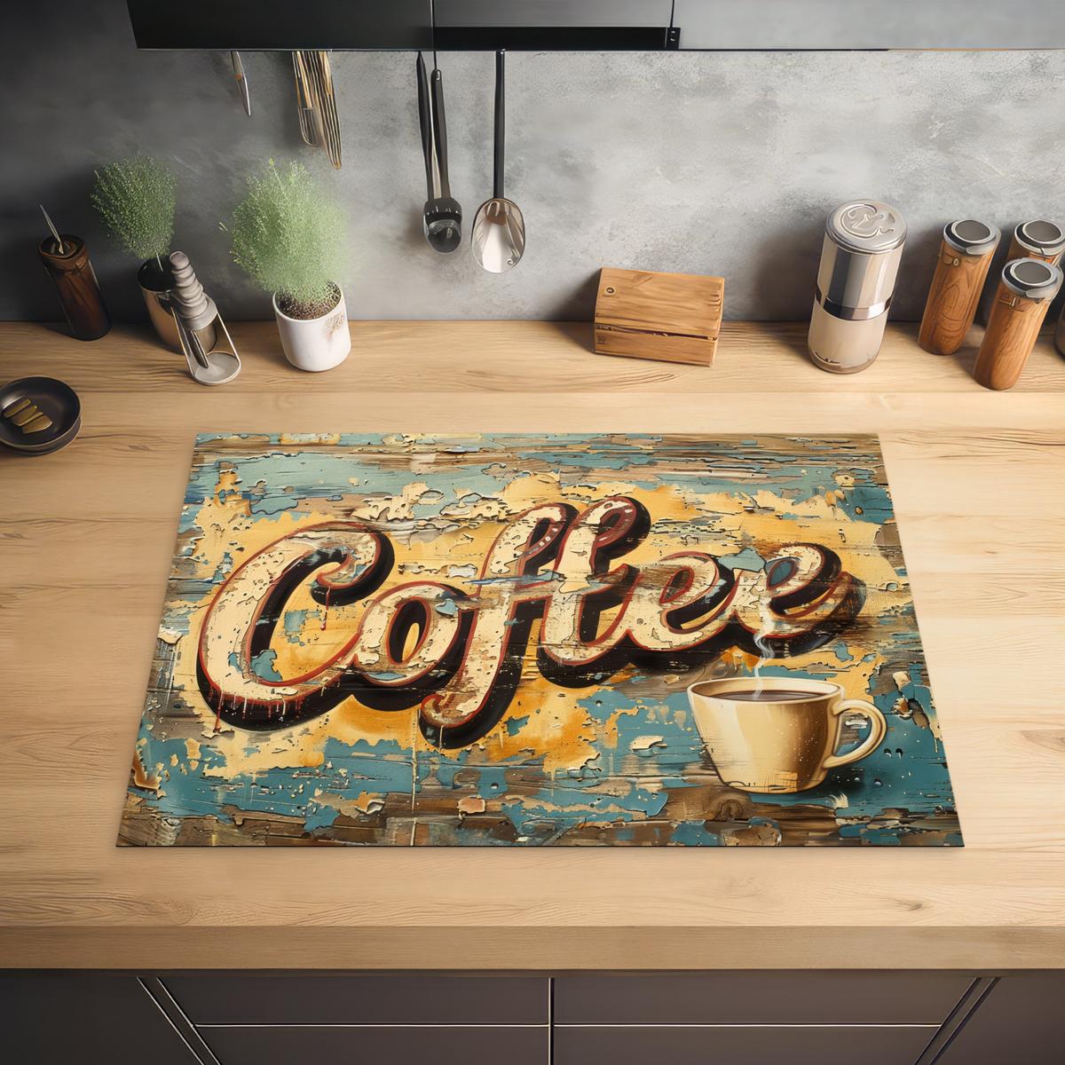 HERDABDECKPLATTE Kaffee - Vintage - Braun - Tasse Herdabdeckung Induktionsfeld 75x52 cm - Teakfarben, Kunststoff (75/52/0.2cm) - MuchoWow