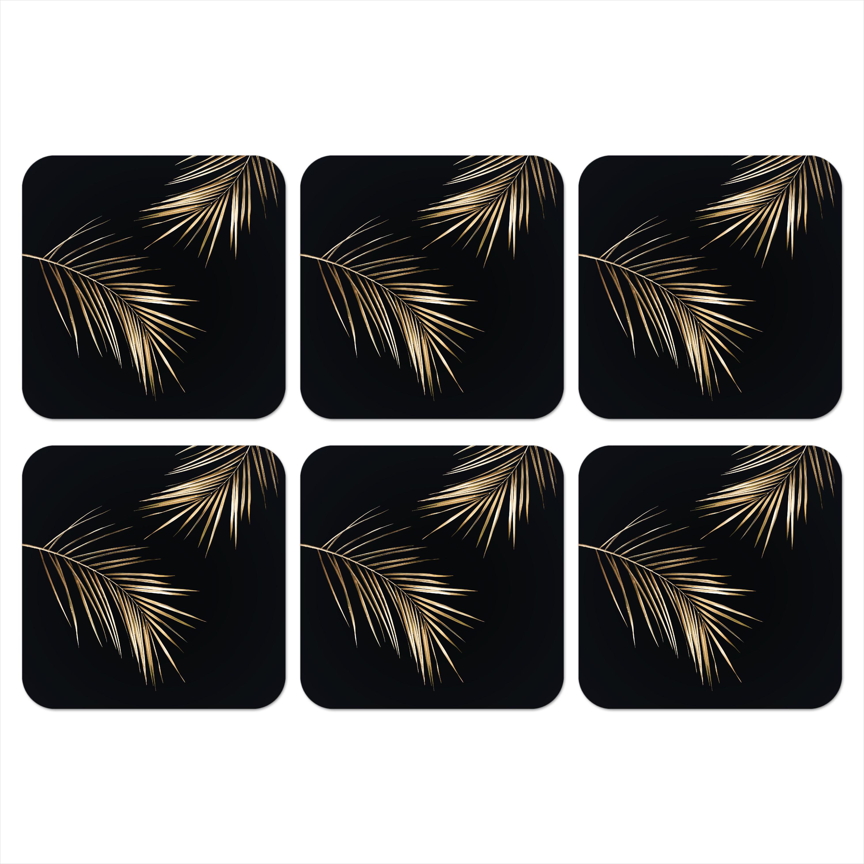 GLASUNTERSETZER 6er-Set Blätter - Pflanzen - Gold - Schwarz - Luxus Getränkeuntersetzer 10x10 cm - Schwarz, Naturmaterialien (10/0.2cm) - MuchoWow