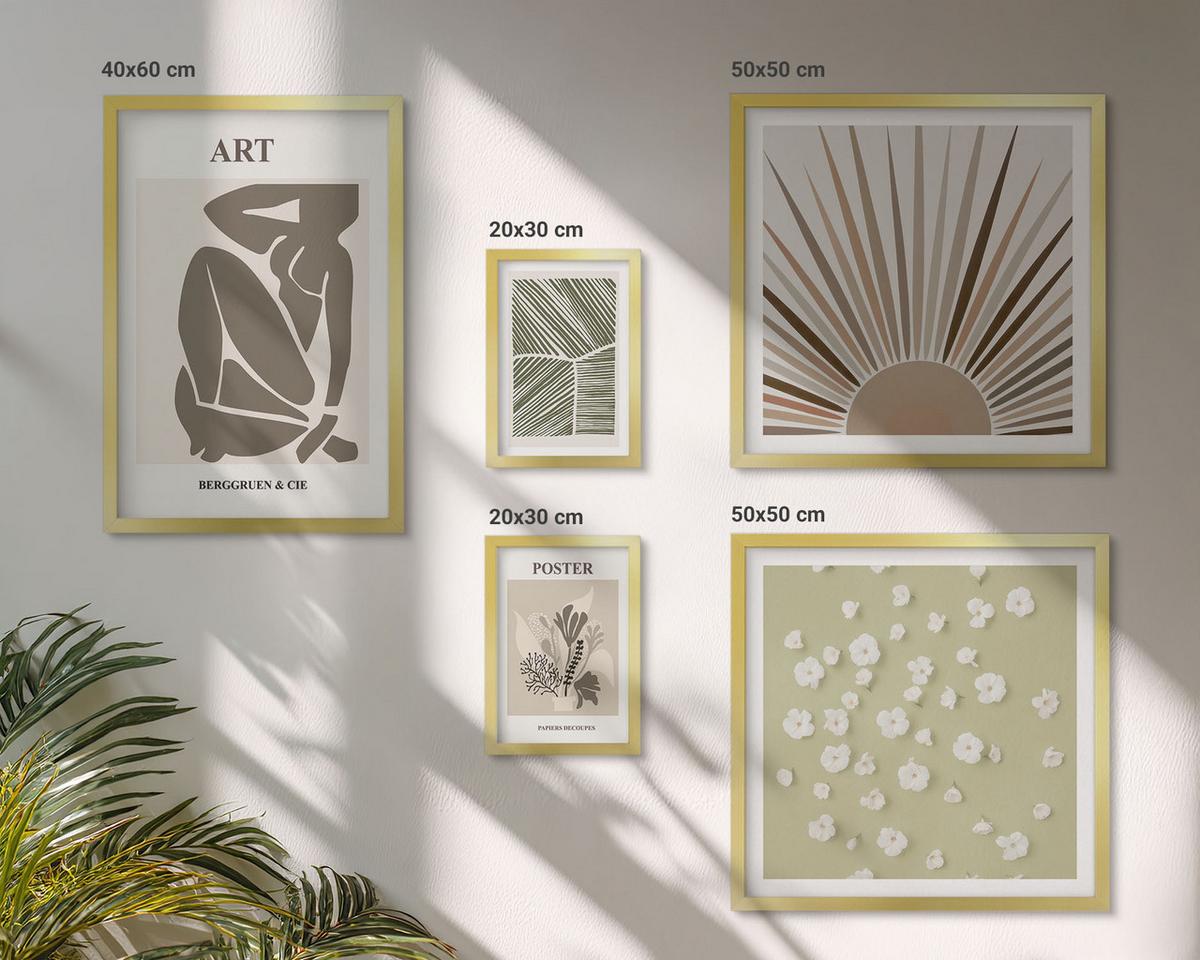 BILDER SET 5er Set - 50x50 cm & 20x30 cm & 40x60 cm Goldrahmen - Pflanzenmotive in gedeckten Farben - Goldfarben, Kunststoff (40/60cm) - TULUP