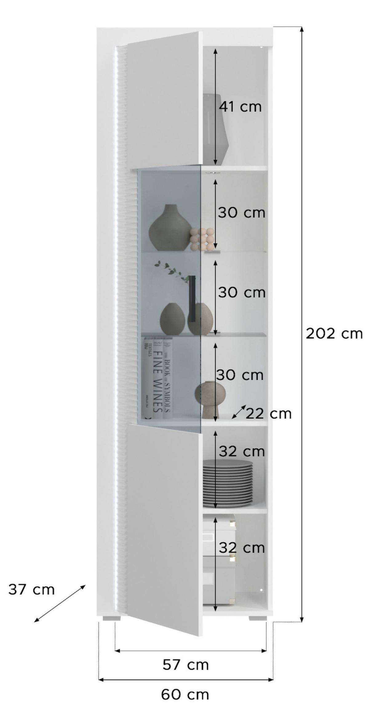 VITRINE weiß Hochglanz 60 x 200 cm, Soft-Close-Funktion, inkl. Beleuchtung - Weiß Hochglanz/Silberfarben, Glas/Holzwerkstoff (60/202/37cm) - Inn.Furn