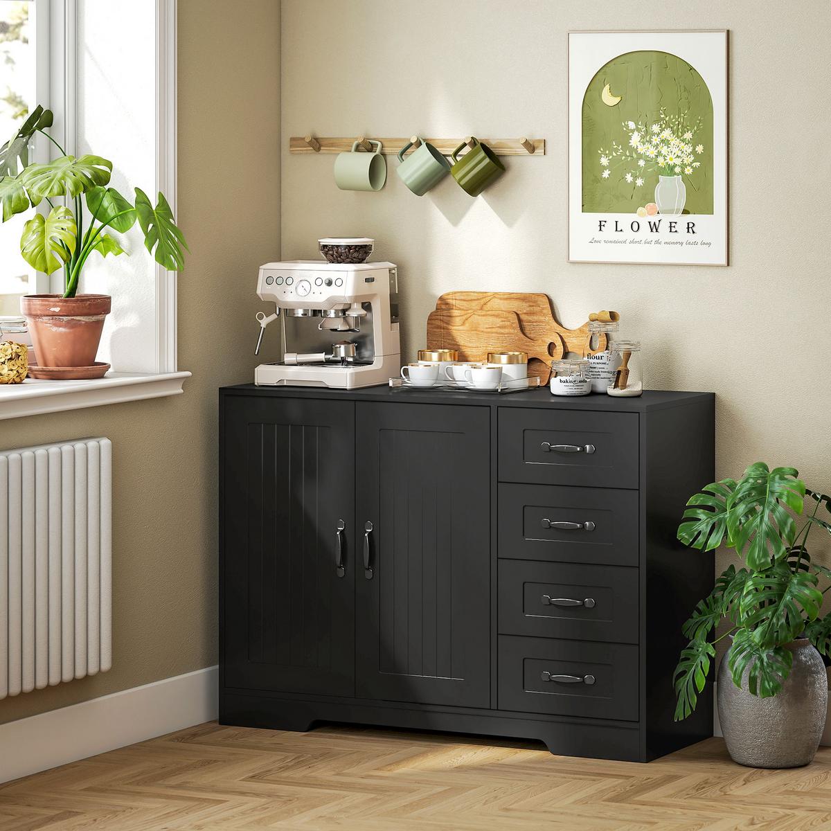 SIDEBOARD, Beistellschrank mit 4 Schubladen, verstellbarer Einlegeboden, Schwarz - Schwarz, Holzwerkstoff/Metall (40/76/105cm) - HOMCOM