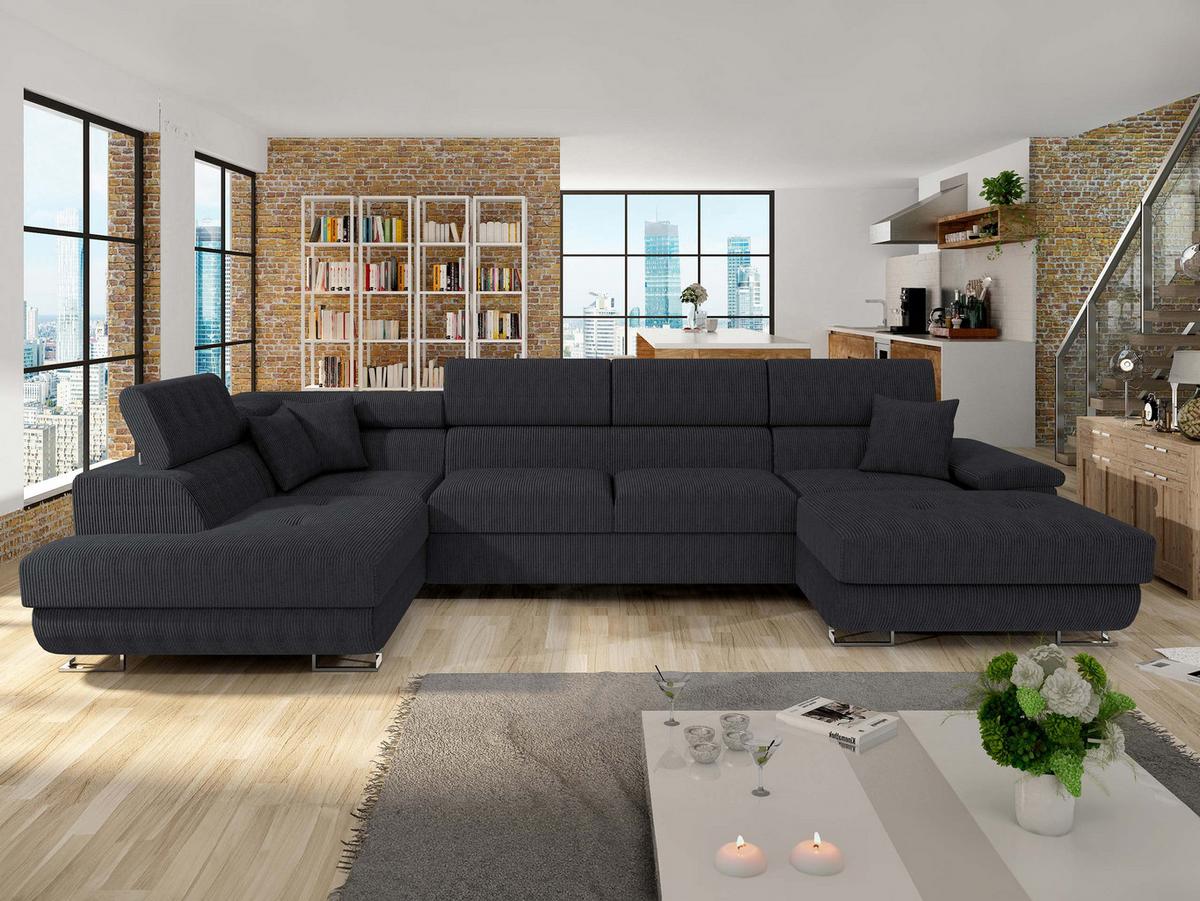 WOHNLANDSCHAFT Cotere Bis Cord, Seite: Links - Schwarz, Holz (345/91/202cm) - MIRJAN24