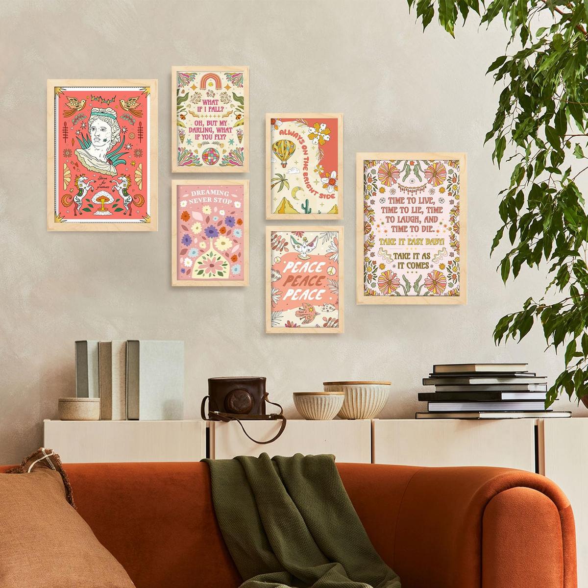 POSTER Set Mit 6 Drucken Von Pink In Brilliant Groovy Style Postersammlung Dekorative Rahmen Für Zuhause Wandkunstdruck A3 & A4 Rahmen Aus Hellem Holz - Beige, Papier (29/3cm) - Nacnic