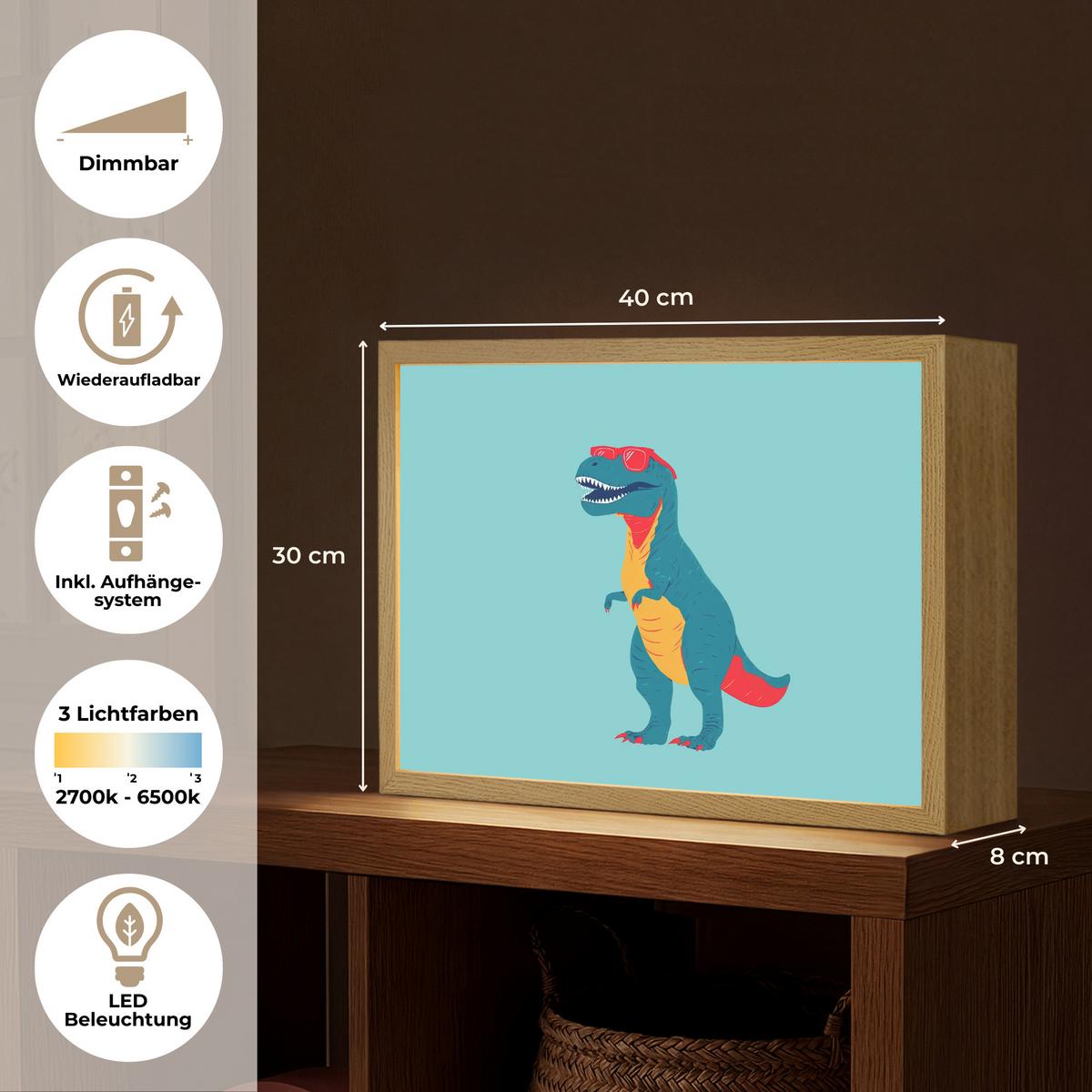 WANDLEUCHTE MIT AKKU Dinosaurier - Blau - Sonnenbrille 40x30 cm - Hellblau, Holzwerkstoff (40/30/8cm) - OnlyWow