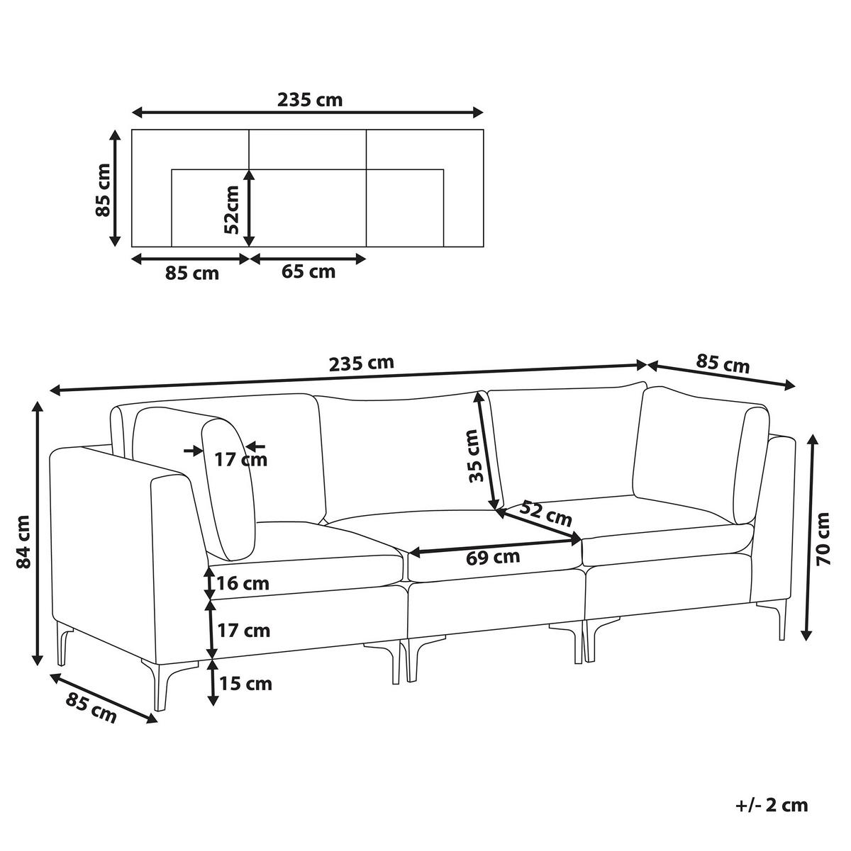 3-SITZER-MODULSOFA Samtstoff grün mit Metallbeinen Evja - Grün, Textil (235/84/85cm) - Beliani