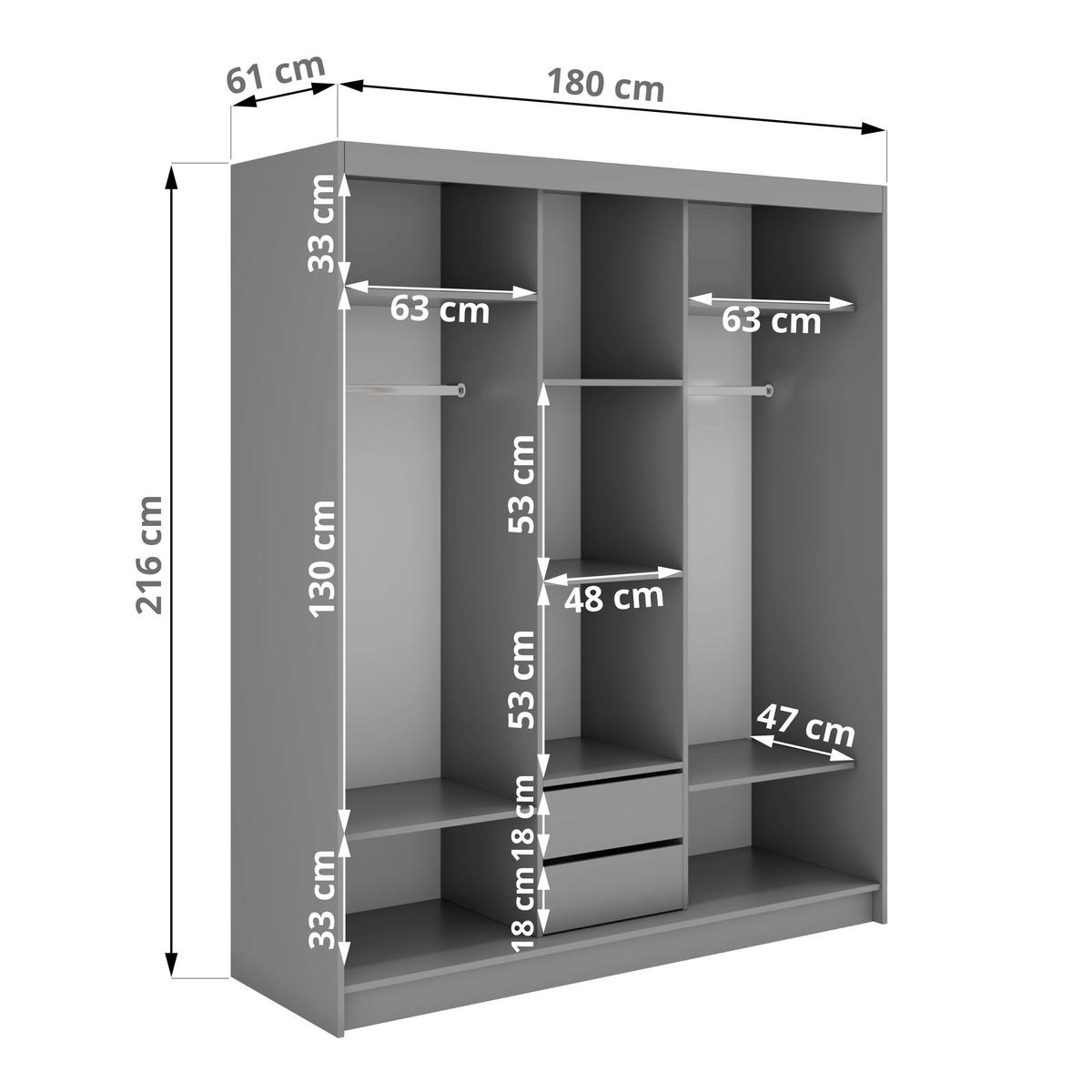 SCHWEBETÜRENSCHRANK mit Spiegel und Schubladen - WALENCJA - 180 - Grau lacobel - Alufarben/Grau, Holzwerkstoff/Metall (180/216/61cm) - MKS