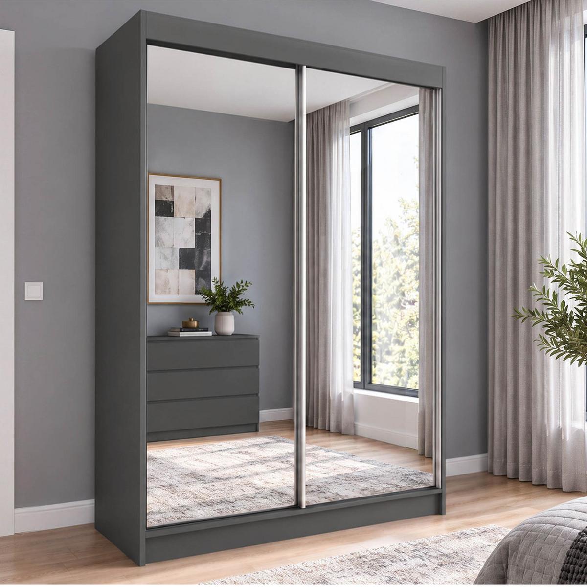 SCHWEBETÜRENSCHRANK Debra mit 2 Türen, 160/216/61 Graphitfarben mit Spiegel - Schwarz, Holzwerkstoff (160/216/61cm) - Beautysofa