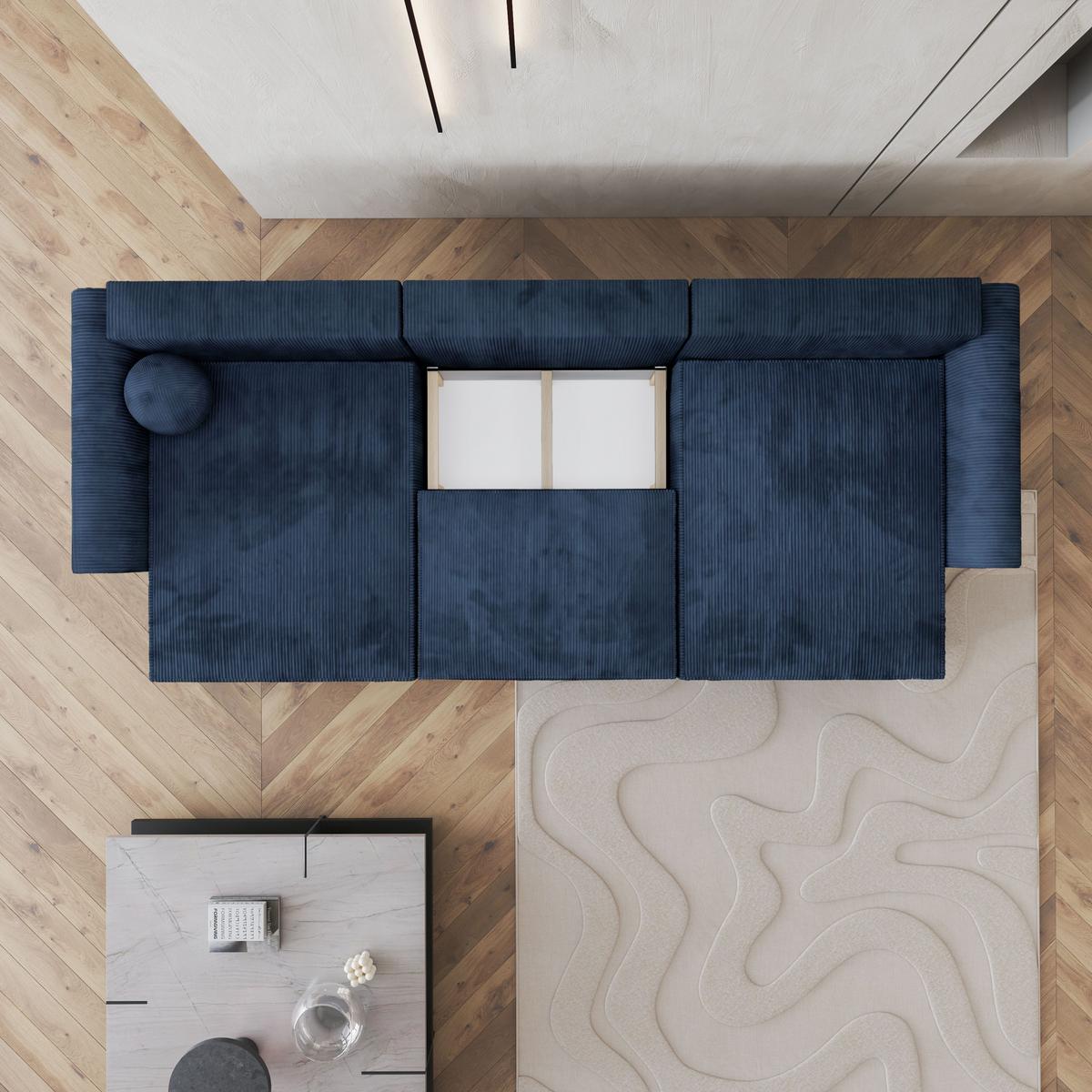 WOHNLANDSCHAFT FENTO P Blau Kordstoff mit Schlaffunktion - Blau/Grau, Holz/Kunststoff (347/90/148cm) - MASSENO