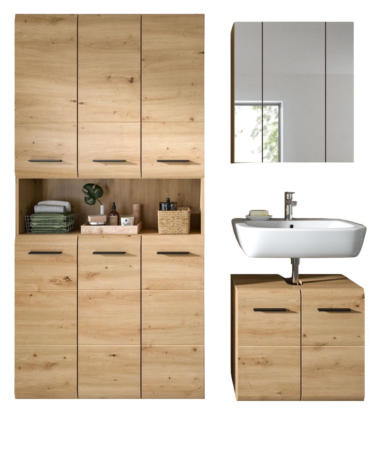 BADMÖBEL-SET in Artisan Eiche, Badezimmer 3-teilig 165 cm mit 6-türigem Hochschrank - Eichefarben/Schwarz, Glas/Holzwerkstoff (165/185/30cm) - Inn.Furn