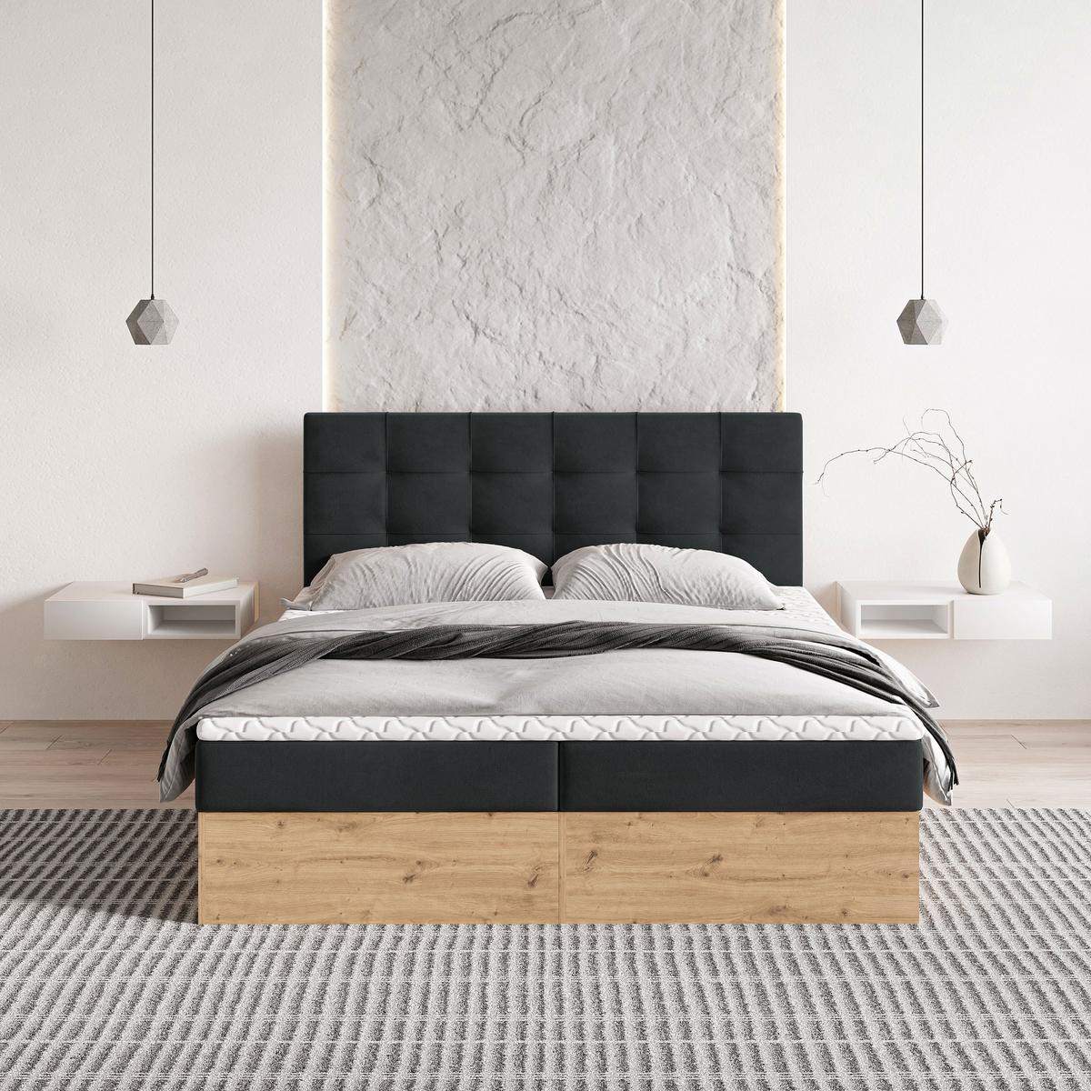 BOXBETT MOLVEN 180x200 cm mit Matratze und Topper - Schwarz - Schwarz, Holz (180/200cm) - MASSENO