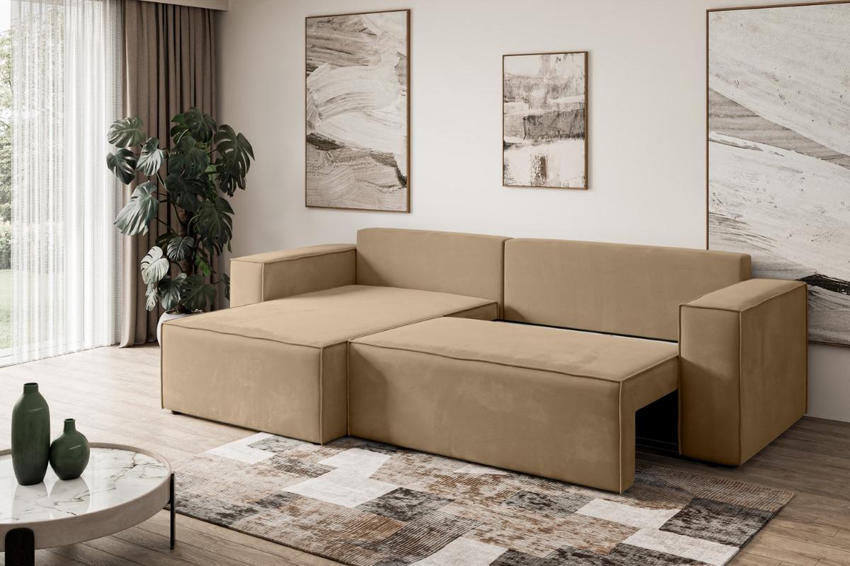 ECKSOFA mit Schlaffunktion und Bettkasten CELTIC-XL - 277x143x83 cm Beige Velours - Hellbraun/Beige, Holzwerkstoff/Kunststoff (277/143cm) - ALTDECOR