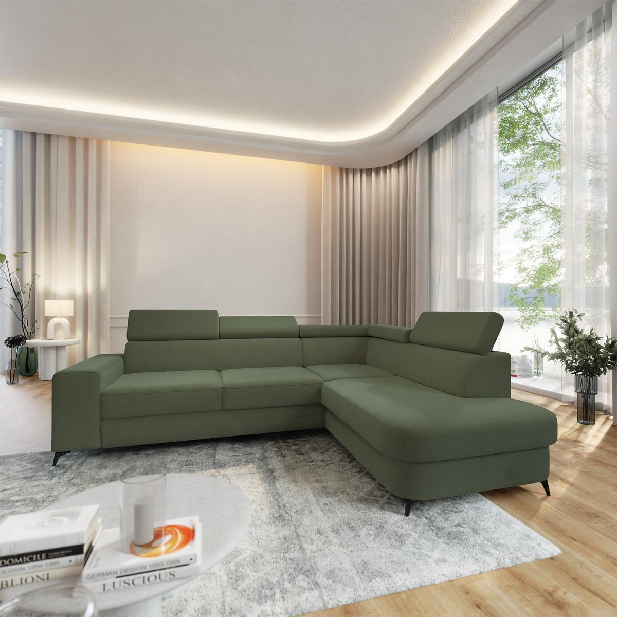 ECKSOFA ALVORO R-S Grün Velours-Stoff mit Schlaffunktion - Grün, Holz (253/190cm) - MASSENO