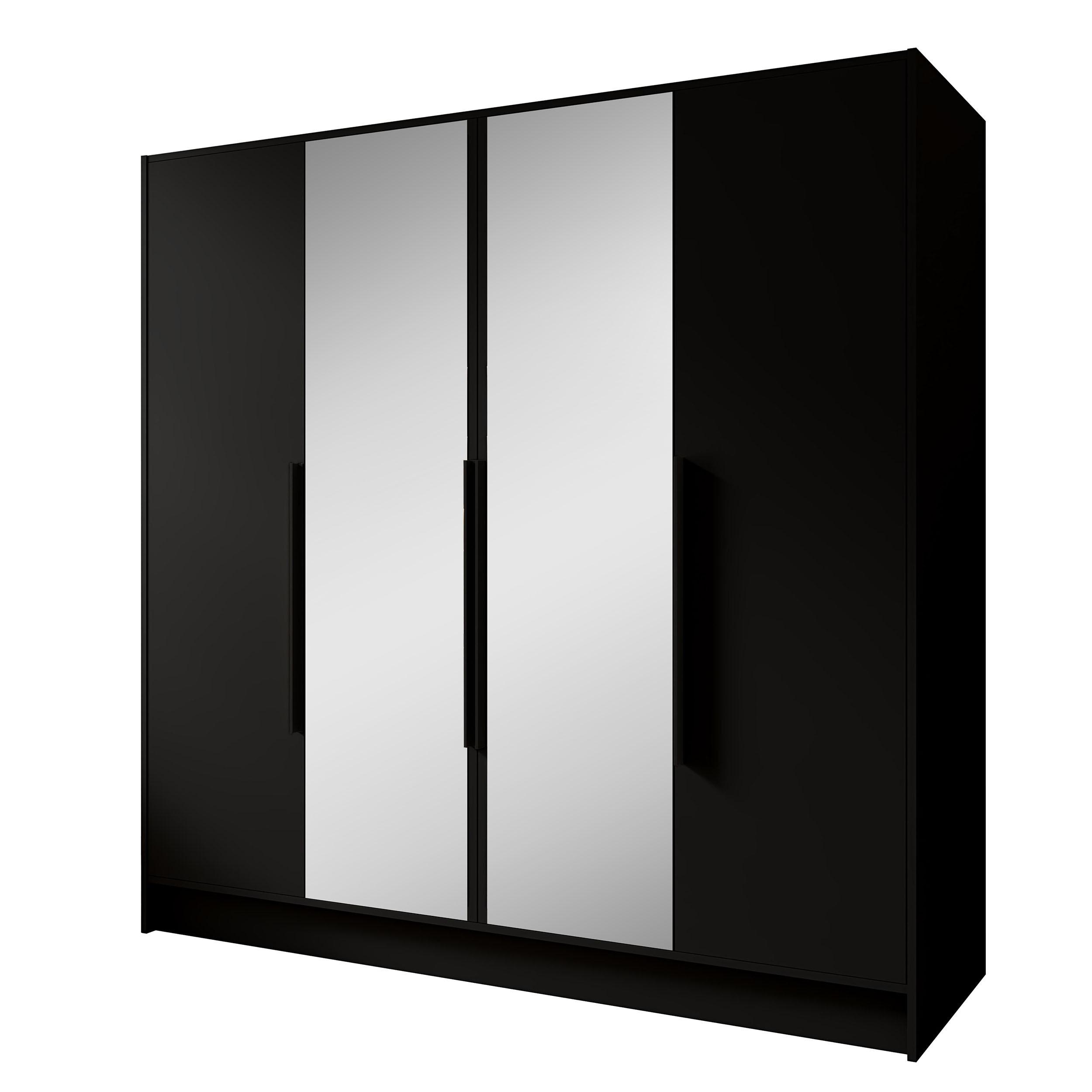 DREHTÜRENSCHRANK Laro mit Spiegel, Schwarz mit mit schwarzen Griffen, 200 cm - Schwarz, Holzwerkstoff (200/200/51cm) - Beautysofa