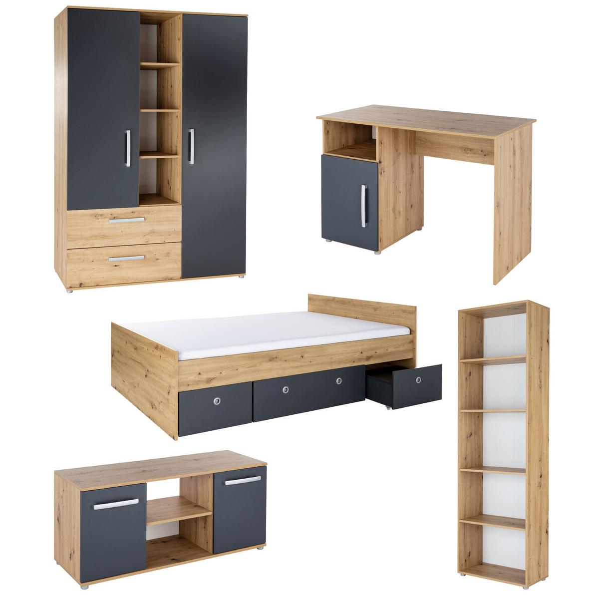 JUGENDZIMMER MEGA-Set Alessio 6-tlg. - Anthrazit/Silberfarben, Holzwerkstoff/Kunststoff (120/1/200cm) - arthur berndt