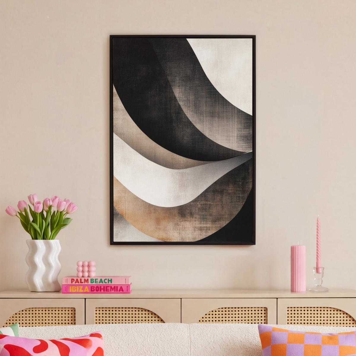 LEINWAND Bilder mit Rahmen - Abstrakt - Wellen - Schwarz - Verwittert - 60x90 - Trüffeleichefarben, Textil (60/90cm) - MuchoWow