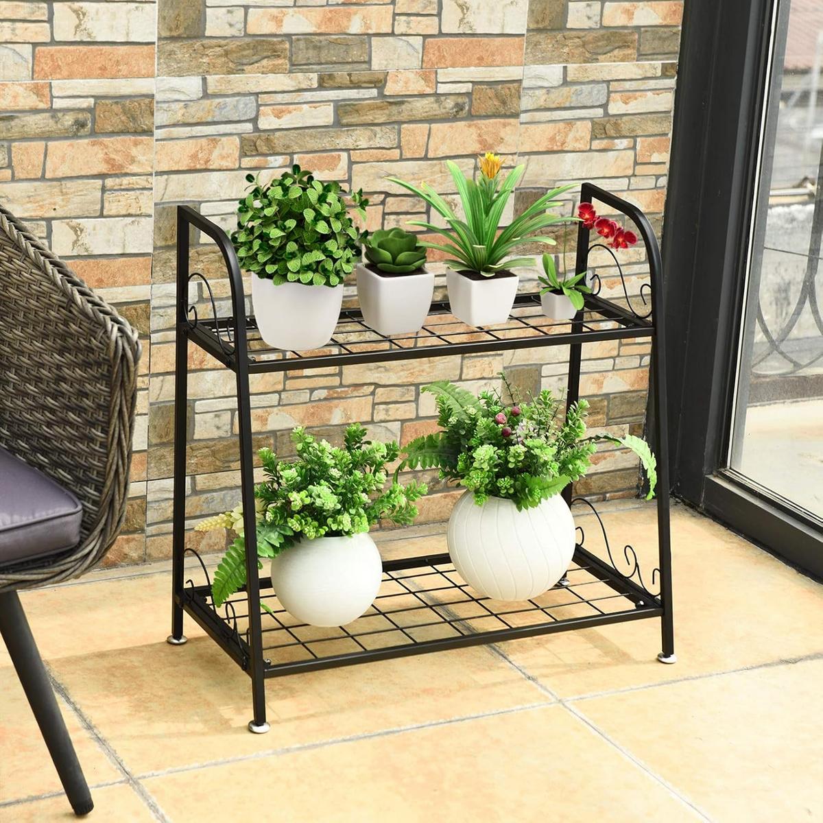 PFLANZENSTANDER Pflanzenregal 2-stufiger Schwarz - Schwarz, Metall (63/62/31cm) - COSTWAY