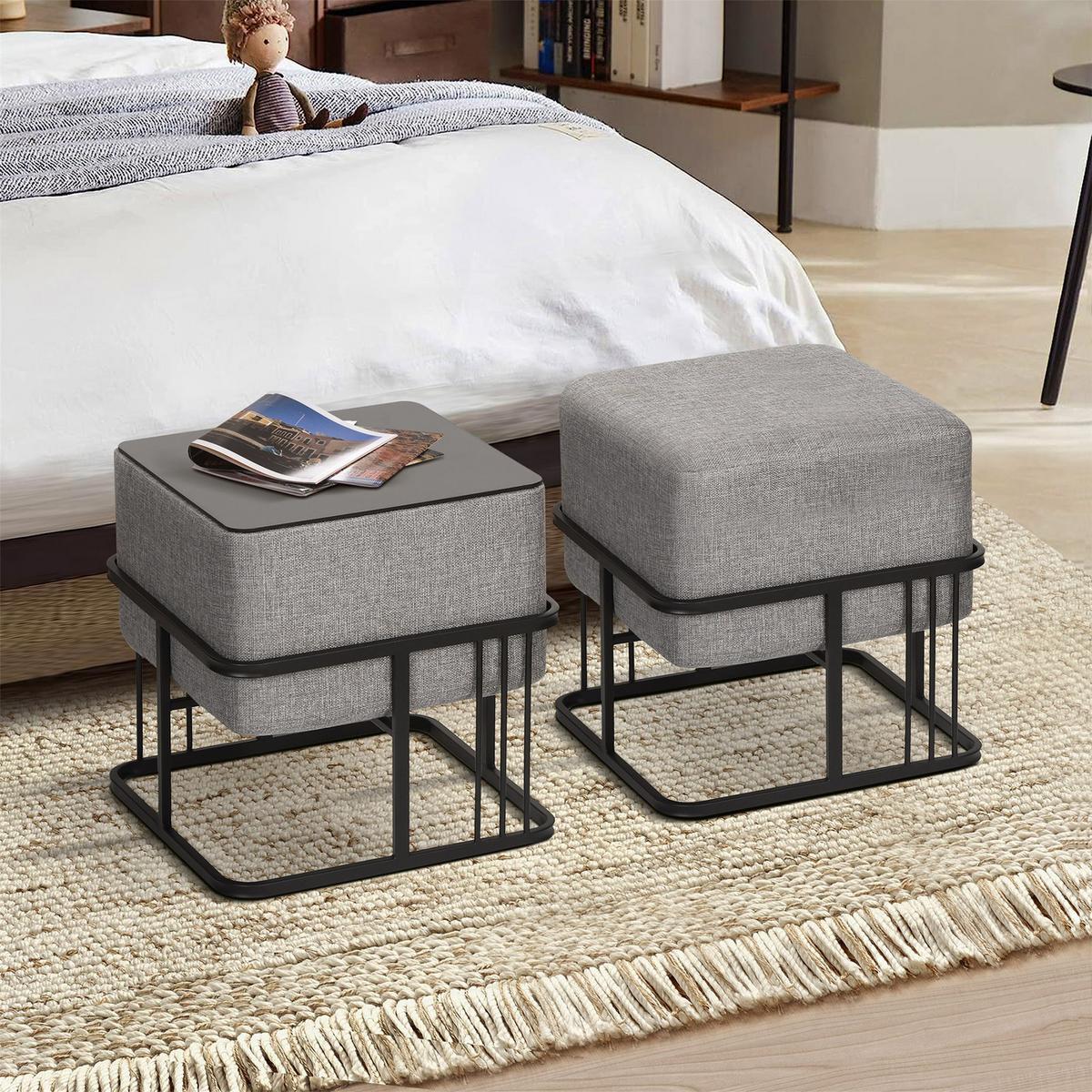 HOCKER-SET 2-TLG. Tas - Hellgrau/Schwarz, Holzwerkstoff/Textil (38/38/38cm) - [en.casa]