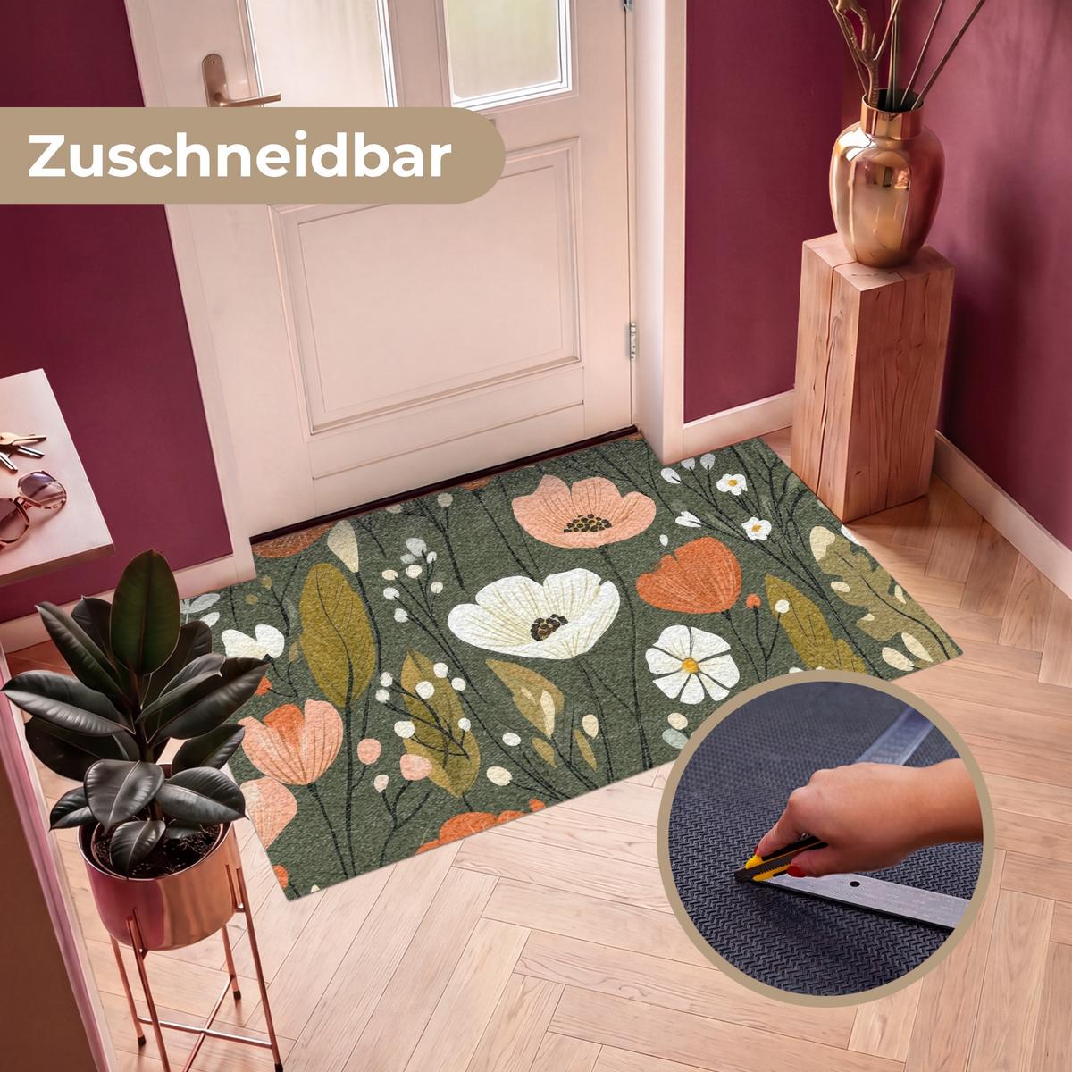 FUSSMATTE Blumen - Illustration - Grün Flurteppich 150x90 cm - Dunkelgrün, Kunststoff (150/0.4cm) - MuchoWow