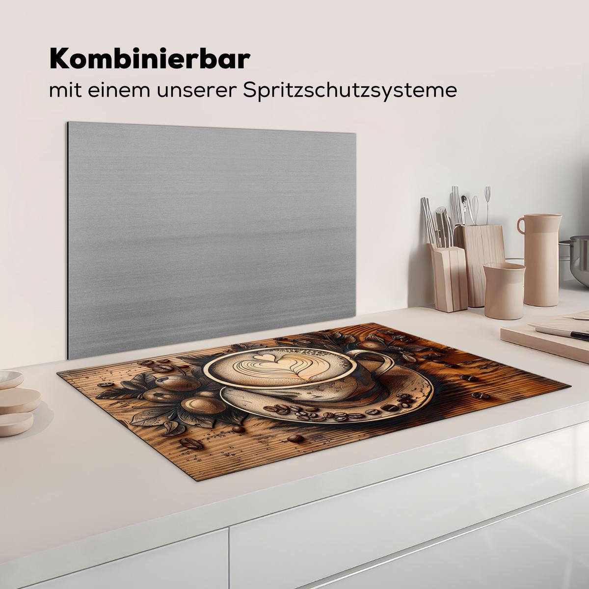 HERDABDECKPLATTE Kaffee - Vintage - Braun - Tasse - Holz Ceranfeldabdeckung 85x52 cm - Cappuccino, Kunststoff (85/52/0.2cm) - MuchoWow