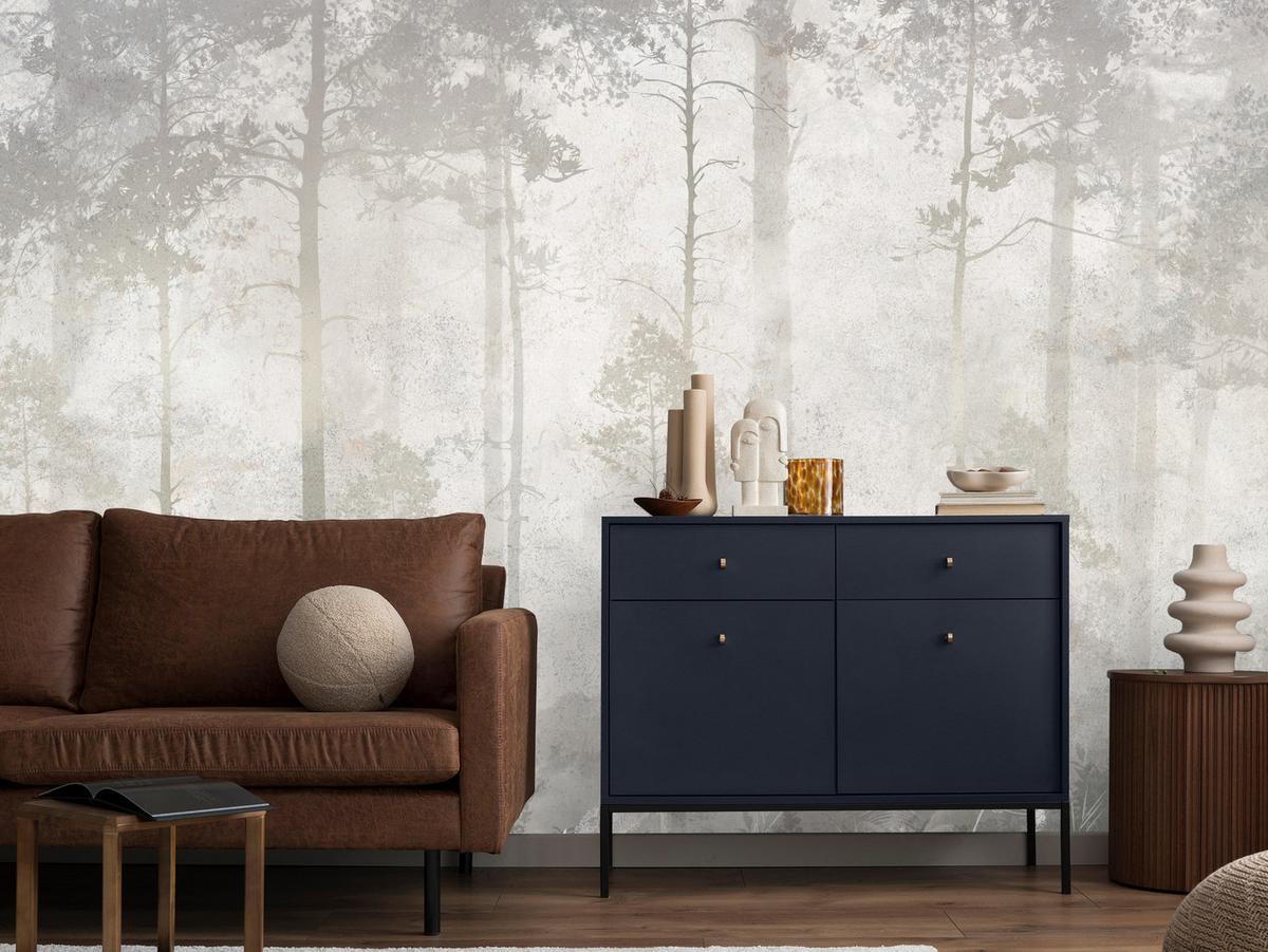 FOTOTAPETE für Wohnzimmer Nebliger Wald Vintage Bäume 400x280 - Beige/Grau, Papier (400/280cm) - Muralo
