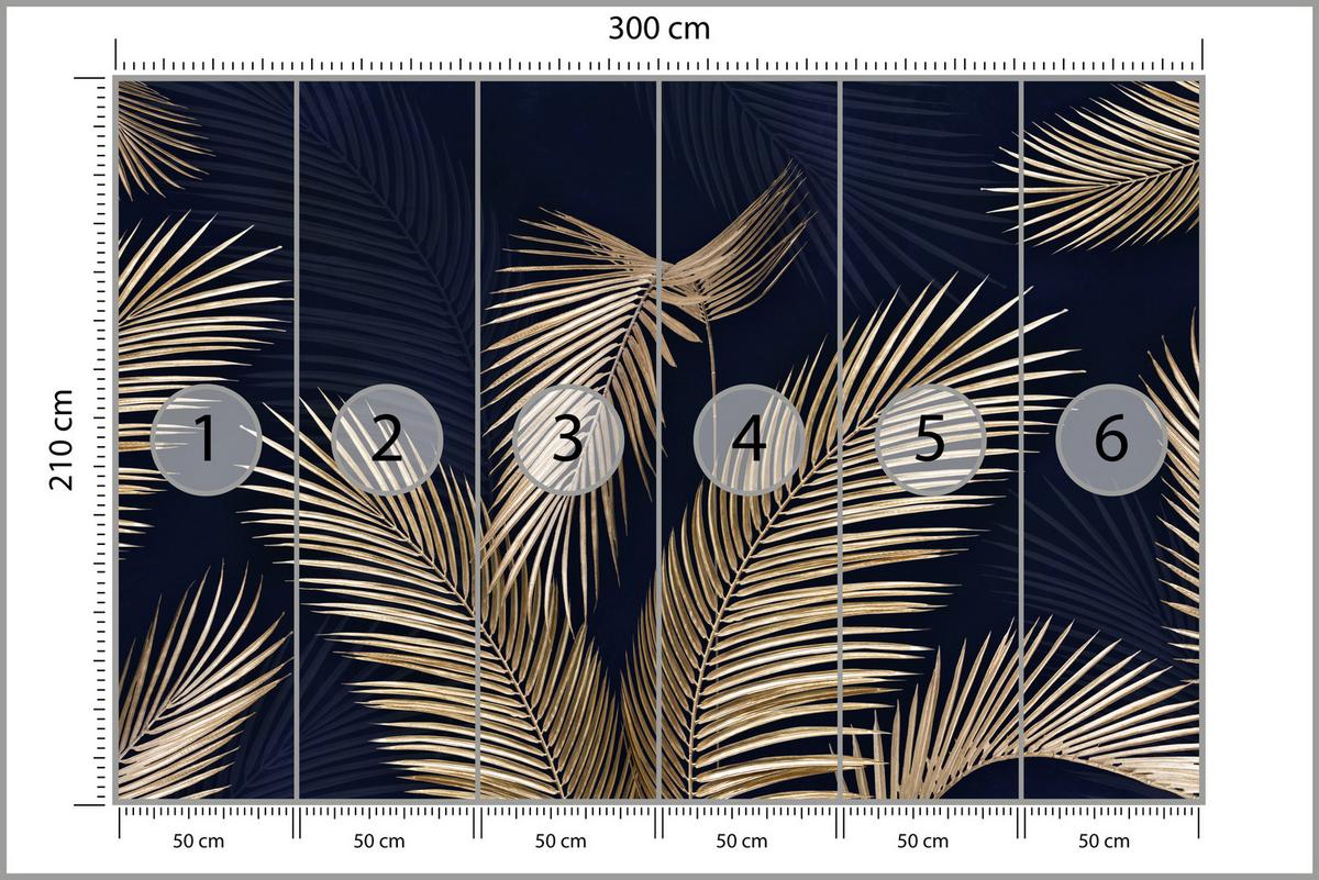 FOTOTAPETE für Büro Palmenblätter auf dunklem Hintergrund Natur Pflanzen 300x210 - Blau/Gelb, Papier (300/210cm) - Muralo