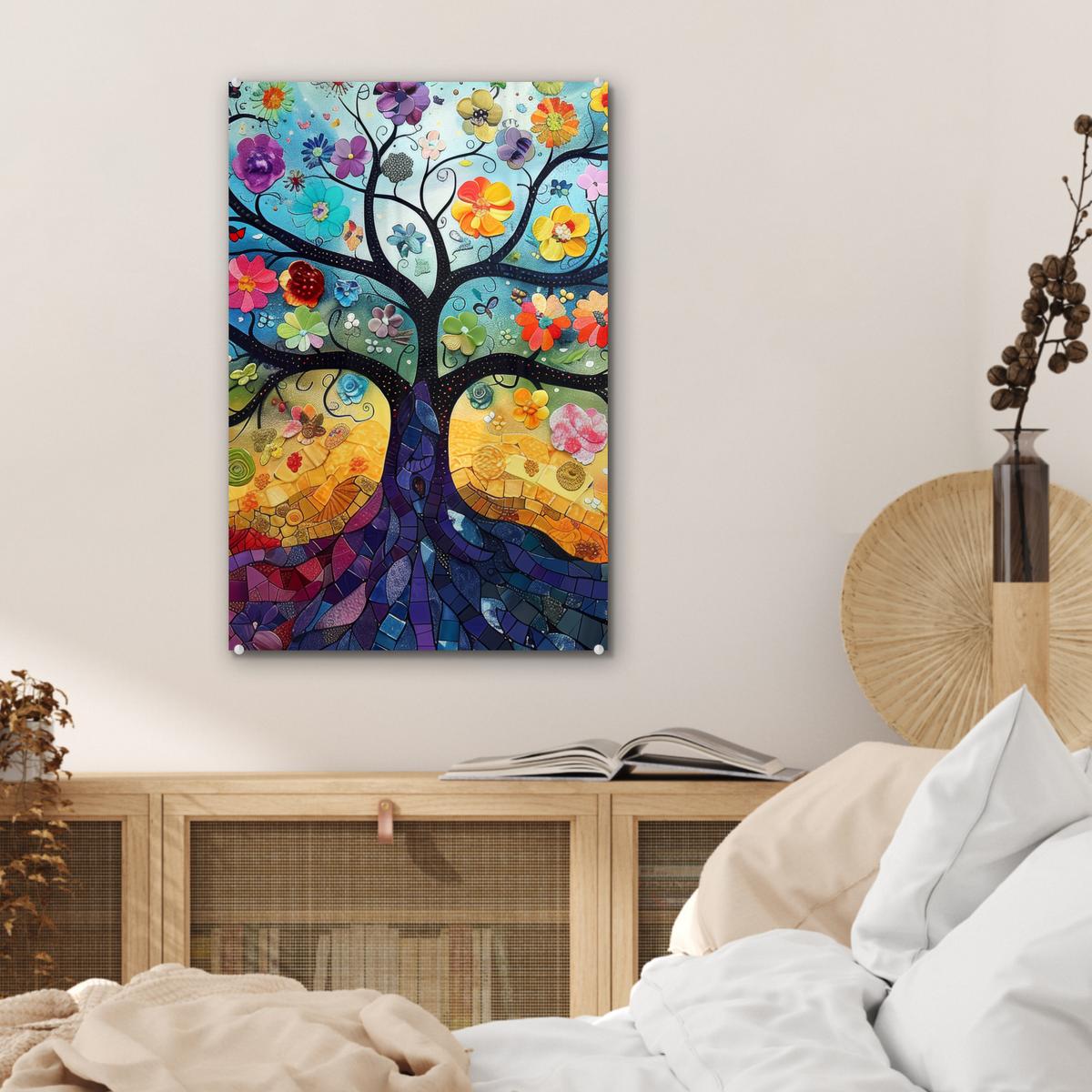 ACRYLGLASBILD Kunst - Baum des Lebens - Blumen - Hippie Wanddeko Wohnzimmer 40x60 cm - Dunkelblau, Glas (40/60cm) - MuchoWow