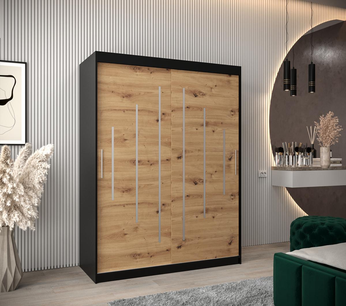 SCHWEBETÜRENSCHRANK 200/150/62 2-türig - Silberfarben/Schwarz, Holz/Kunststoff (150/200/62cm) - Abiks Möbel
