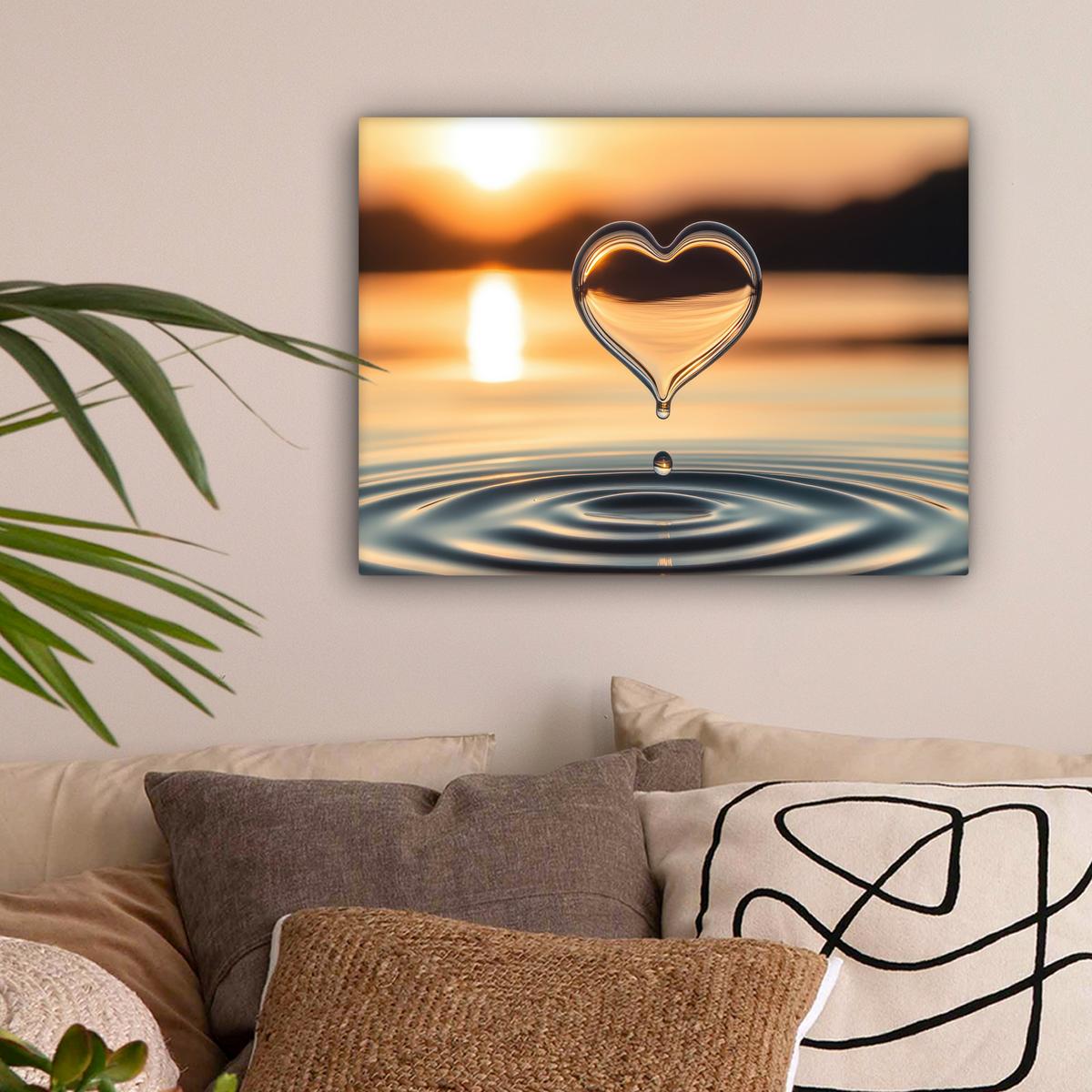 LEINWANDBILD Herz - Wasser - Sonnenuntergang - Natur - Zen Wandbild 40x30 cm - Bernsteinfarben, Textil (40/30cm) - MuchoWow