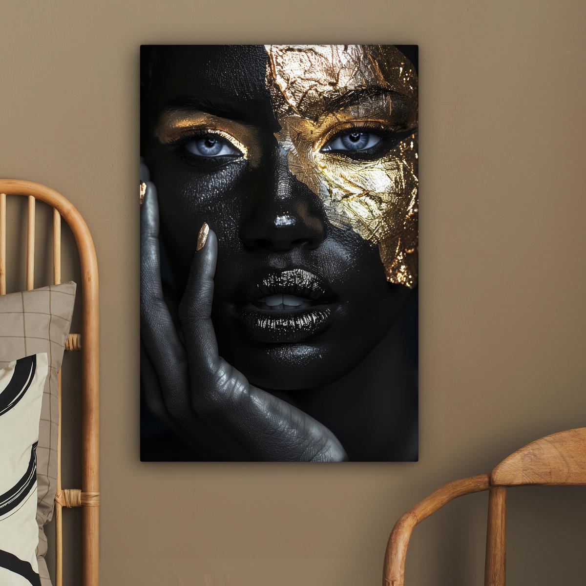 LEINWANDBILD Frau - Gold - Porträt - Schwarz-Weiß - Luxus Wanddeko Schlafzimmer 60x90 cm - Hellblau, Textil (60/90cm) - MuchoWow