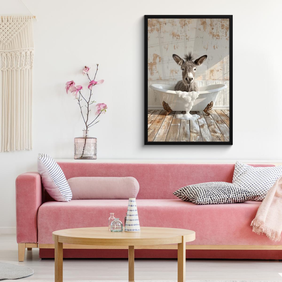 POSTER MIT RAHMENGERAHMTES BILD Esel - Tiere - Badewanne - Schaumstoff 60x90 cm - Weiß, Papier (60/90cm) - MuchoWow