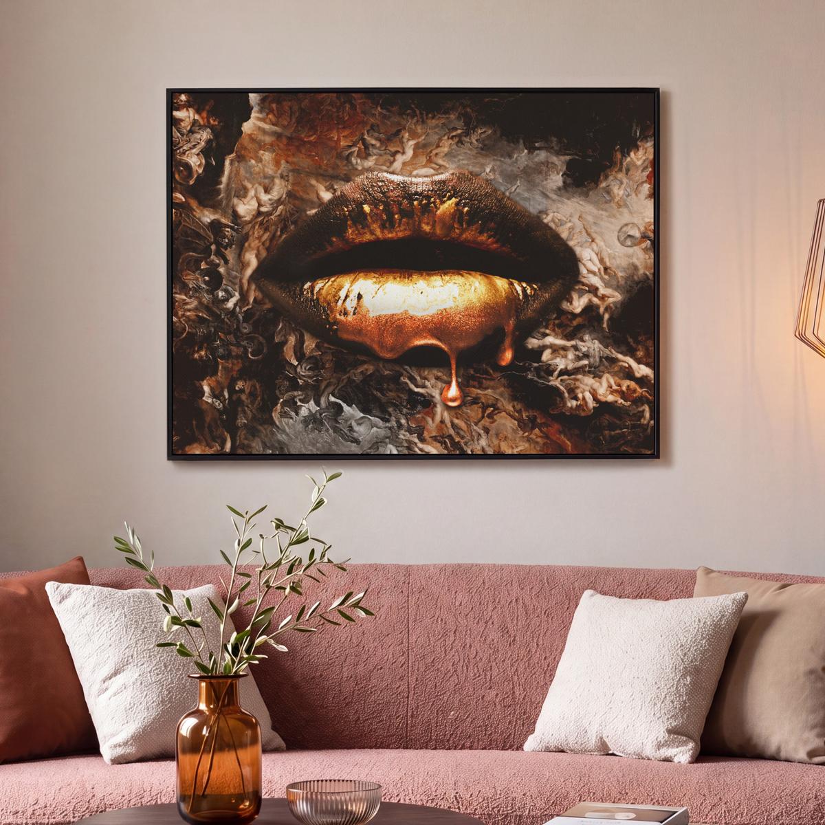 LEINWAND Bilder mit Rahmen - Gold - Lippen - Kunst - Gold - Luxus - Abstrakt - 100x70 - Kupferfarben, Textil (100/70cm) - MuchoWow