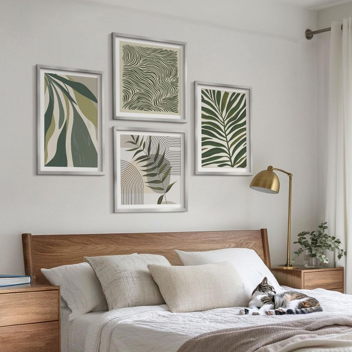 BILDER SET 4er Set - 50x50 cm & 40x60 cm Silberner Rahmen - Blätter, Wellen – Pastellillustrationen - Silberfarben, Kunststoff (50/50cm) - TULUP