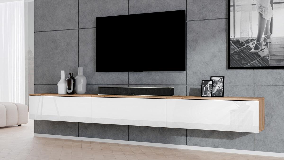 LOWBOARD Loriano 3x100 Eiche Wotan, Weiß Hochglanz 300/34/32 cm – TV Board - Braun/Weiß, Holzwerkstoff/Kunststoff (300/34/32cm) - AX Living