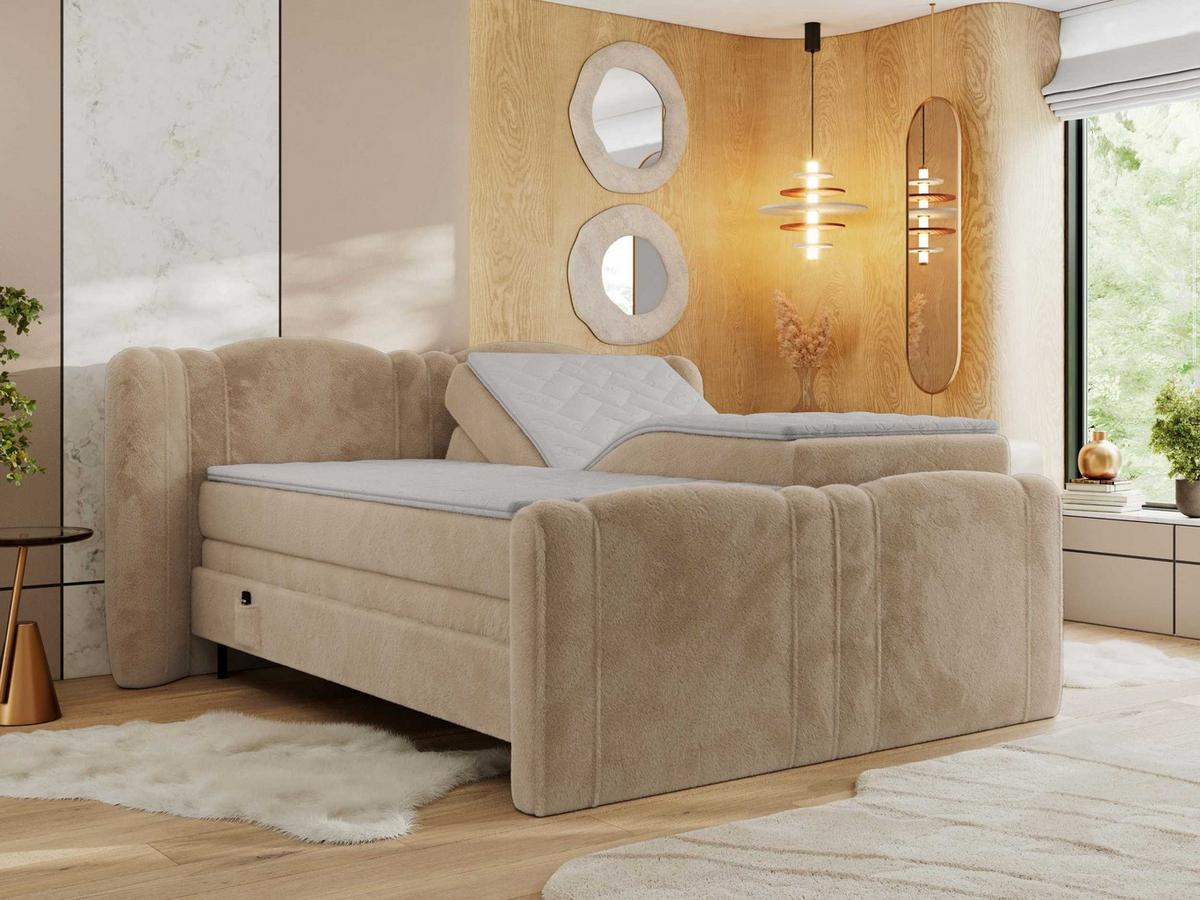 BOXBETT FORTINA 160/200 - Beige Plüsch - H3 - Beige, Holz/Textil (160/200cm) - MKS