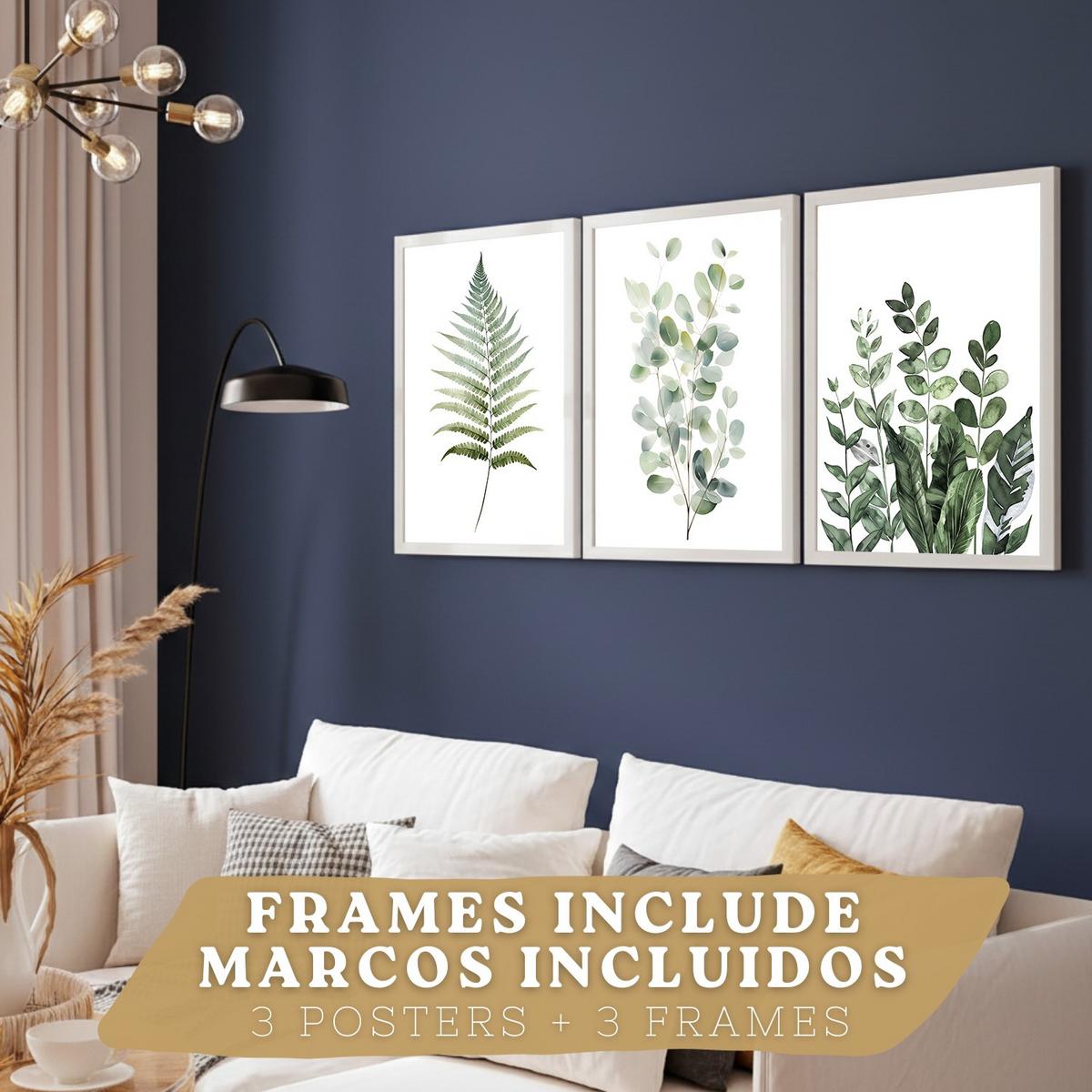 POSTER 3er Bilder-Set Wandbilder Botanisch Grün modern Wohnzimmer Deko, Schlafzimmer, Küche, Badezimmer Weißer Rahmen A3 - Weiß, Papier (29.7/1/42cm) - Nacnic