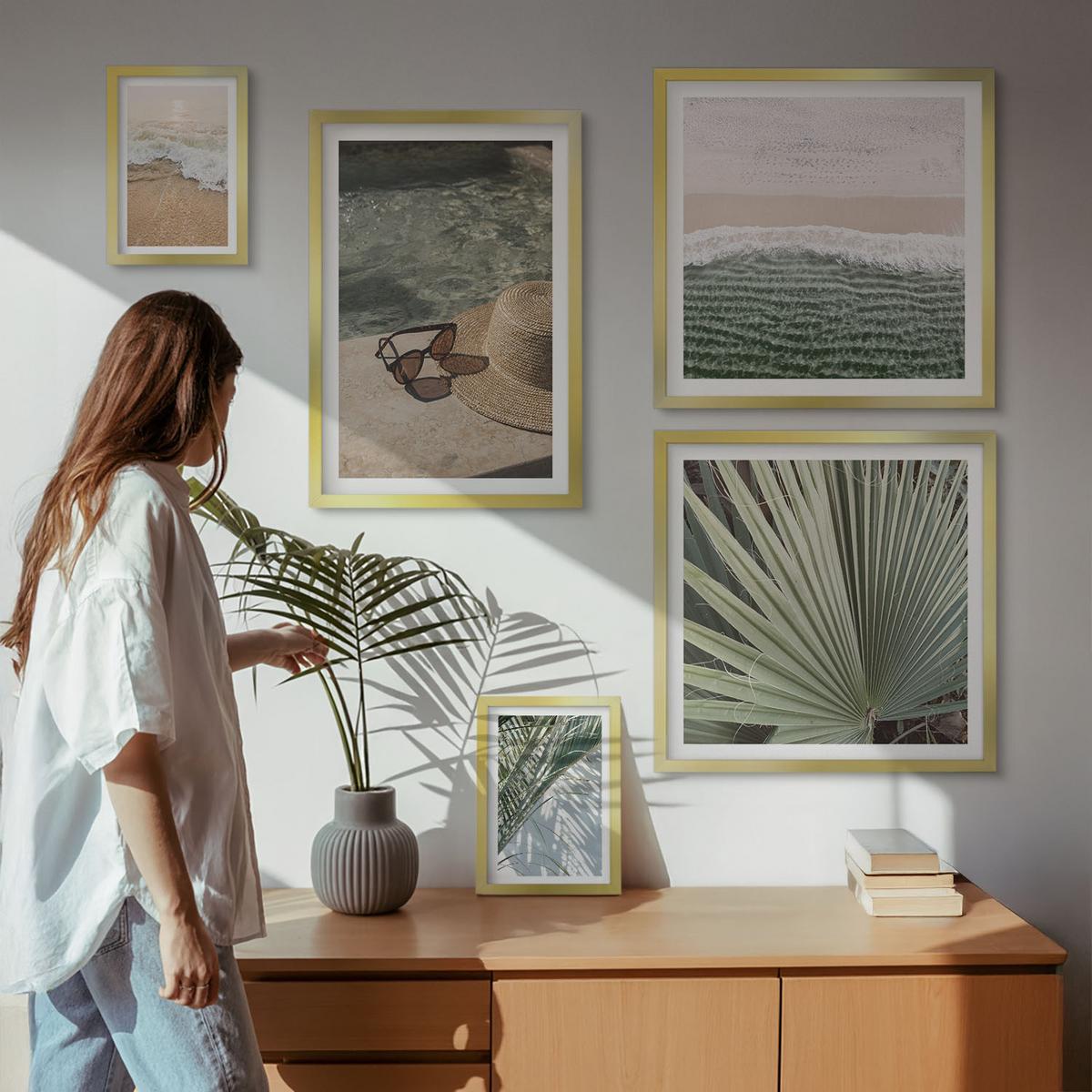 BILDER SET 5er Set - 50x50 cm & 20x30 cm & 40x60 cm Goldrahmen - Strandhut und Sonnenbrille - Goldfarben, Kunststoff (40/60cm) - TULUP