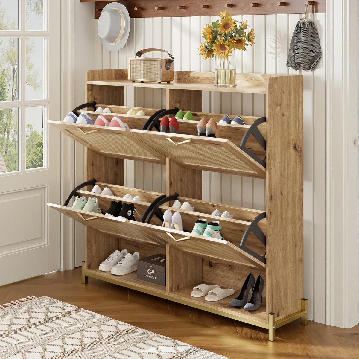 SCHUHSCHRANK aus Holz mit Rattantüren - Hellbraun, Holzwerkstoff (24/100/108cm) - Urban Meuble