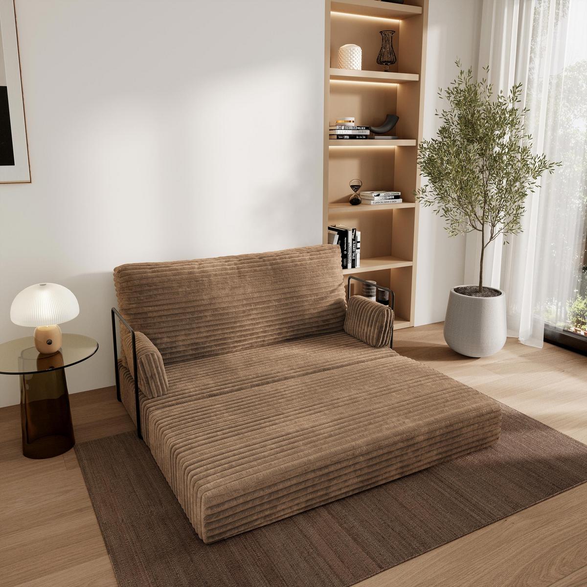 BETTSOFA LADIA aus Schaumstoff Kordstoff Beige Schlaffunktion - Beige, Textil (140/86/60cm) - MASSENO