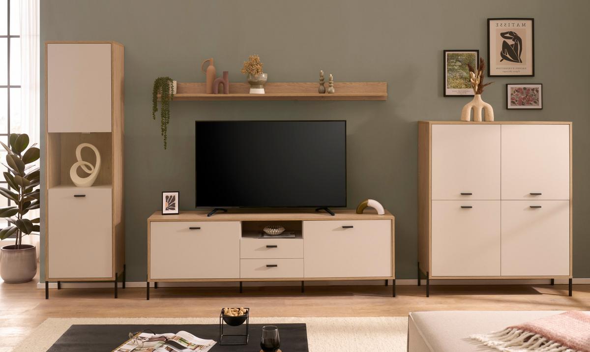 WOHNWAND Kaschmir, Eiche 384 cm Set 4-teilig, Wohnkombination mit Soft-Close - Kaschmir/Eichefarben, Glas/Holzwerkstoff (384/204/40cm) - Furn.Design