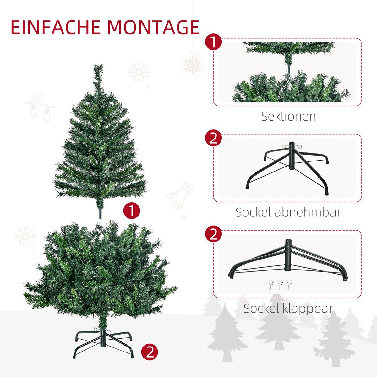 WEIHNACHTSBAUM Tannenbaum mit Deko 80/120 LEDs 307 Spitzen Ø75 x 120H cm - Grün, Kunststoff/Metall (120cm) - HOMCOM