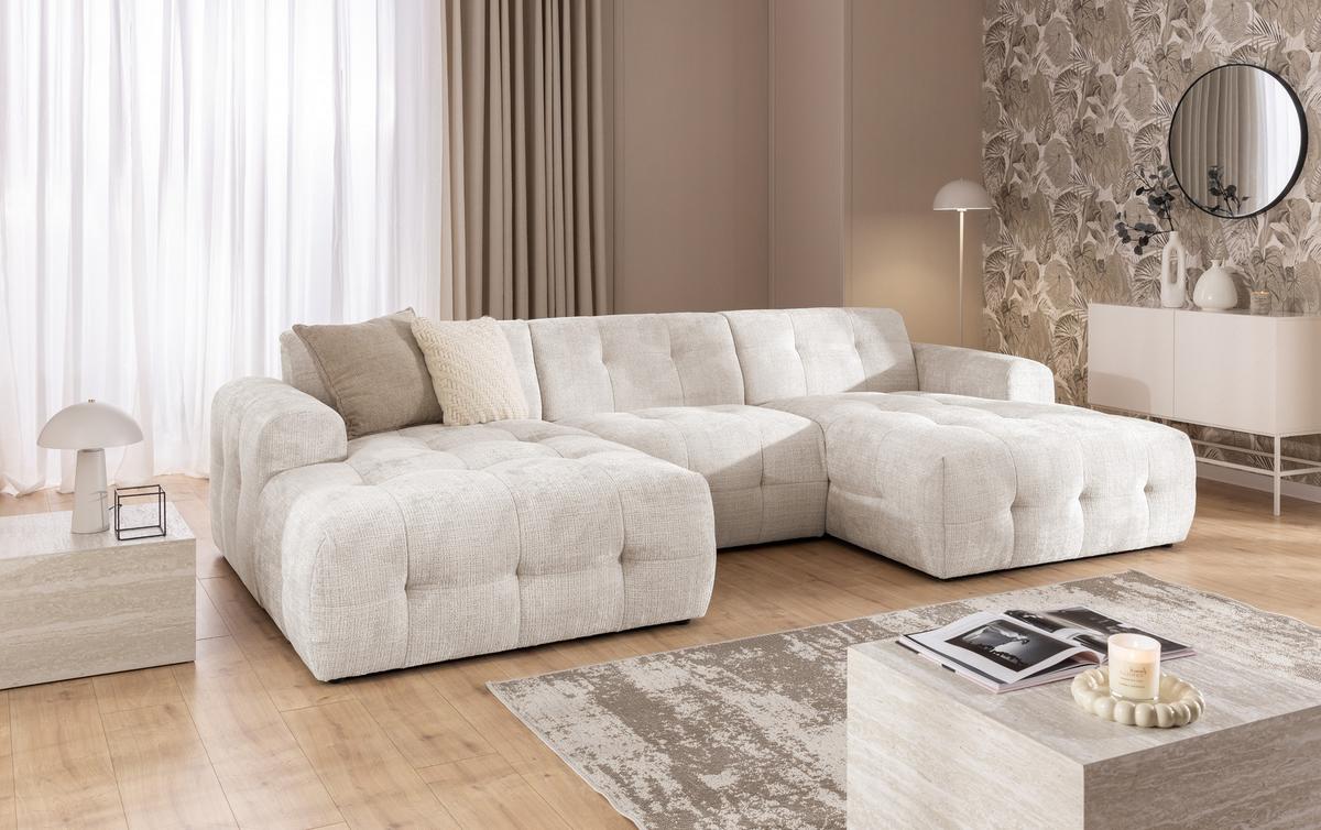 WOHNLANDSCHAFT in U-Form mit raffinierten Steppungen, 6-Sitzer, Wellenunterfederung, B323/T161/H79 cm, Chenille-Bezug in Beige / 21047 - Beige/Schwarz, Kunststoff/Textil (323/79/161cm) - luma-home