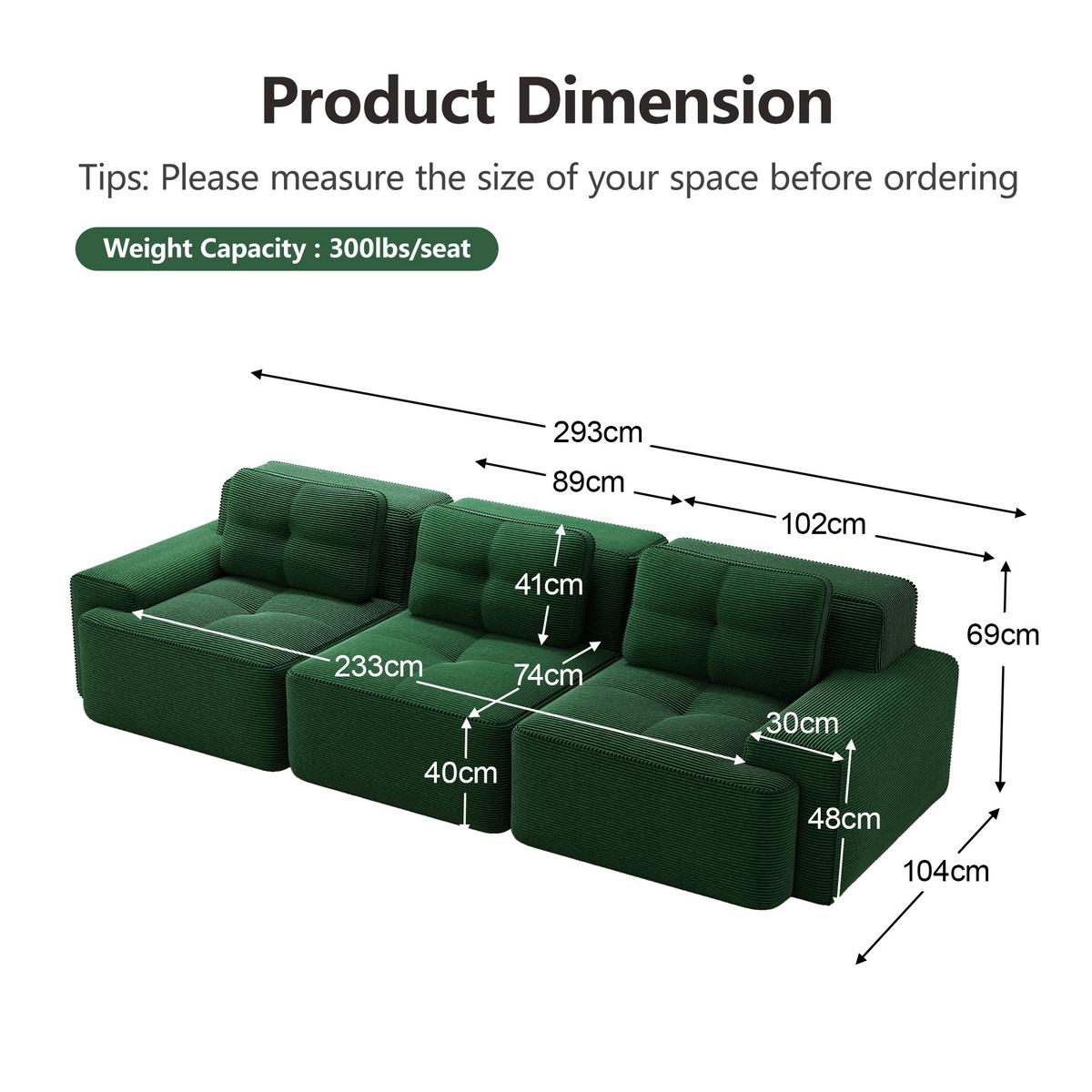 3-SITZER SOFA cord montagefrei & extratiefer sitz - Grün, Textil (293/69/104cm) - Urban Meuble