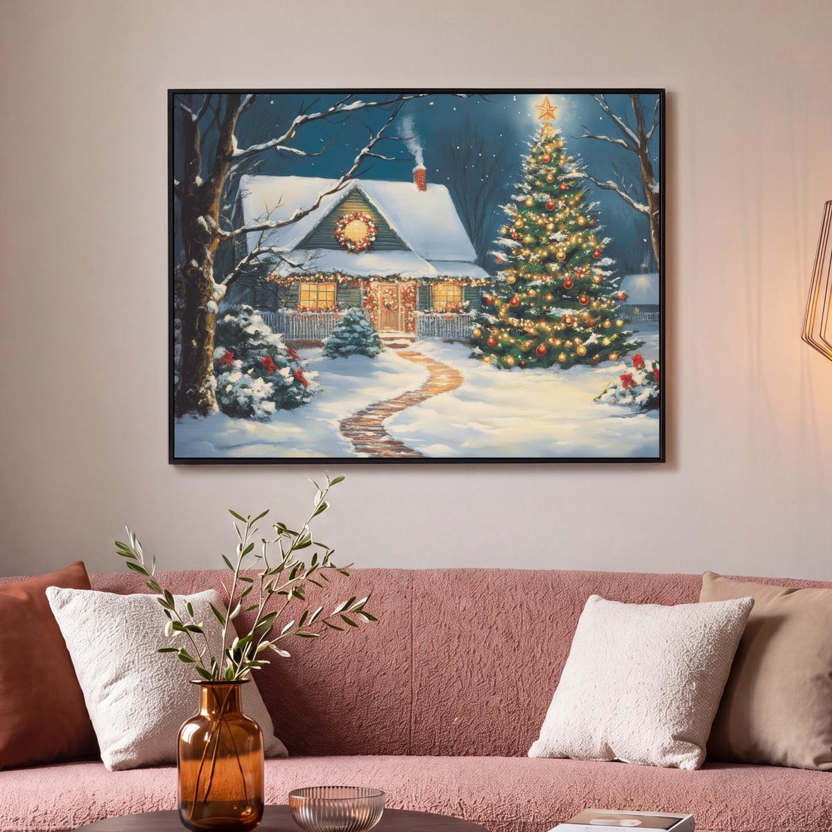 LEINWAND Bilder mit Rahmen - Weihnachten - Weihnachtsbaum - Winter - Zuhause - Schnee - 100x70 - Smaragdgrün, Textil (100/70cm) - MuchoWow