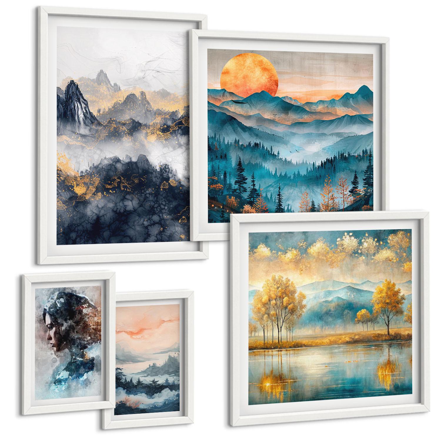 BILDER SET 5er Set - 50x50 cm & 20x30 cm & 40x60 cm Weißer Rahmen - Tropische Pflanzen, Vögel, Natur - Weiß, Kunststoff (40/60cm) - TULUP