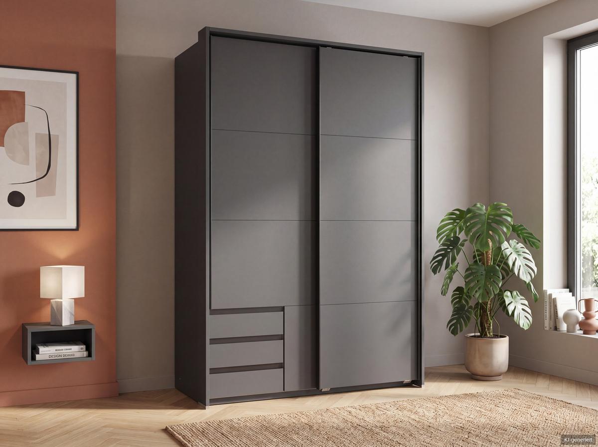 SCHWEBETÜRENSCHRANK 2-türig B138/H200/T65 cm, Passepartout-Kleiderschrank in Grafit mit sichtbaren Schubkästen / 22672 - Graphitfarben/Schwarz, Holz/Holzwerkstoff (138/200/65cm) - luma-home